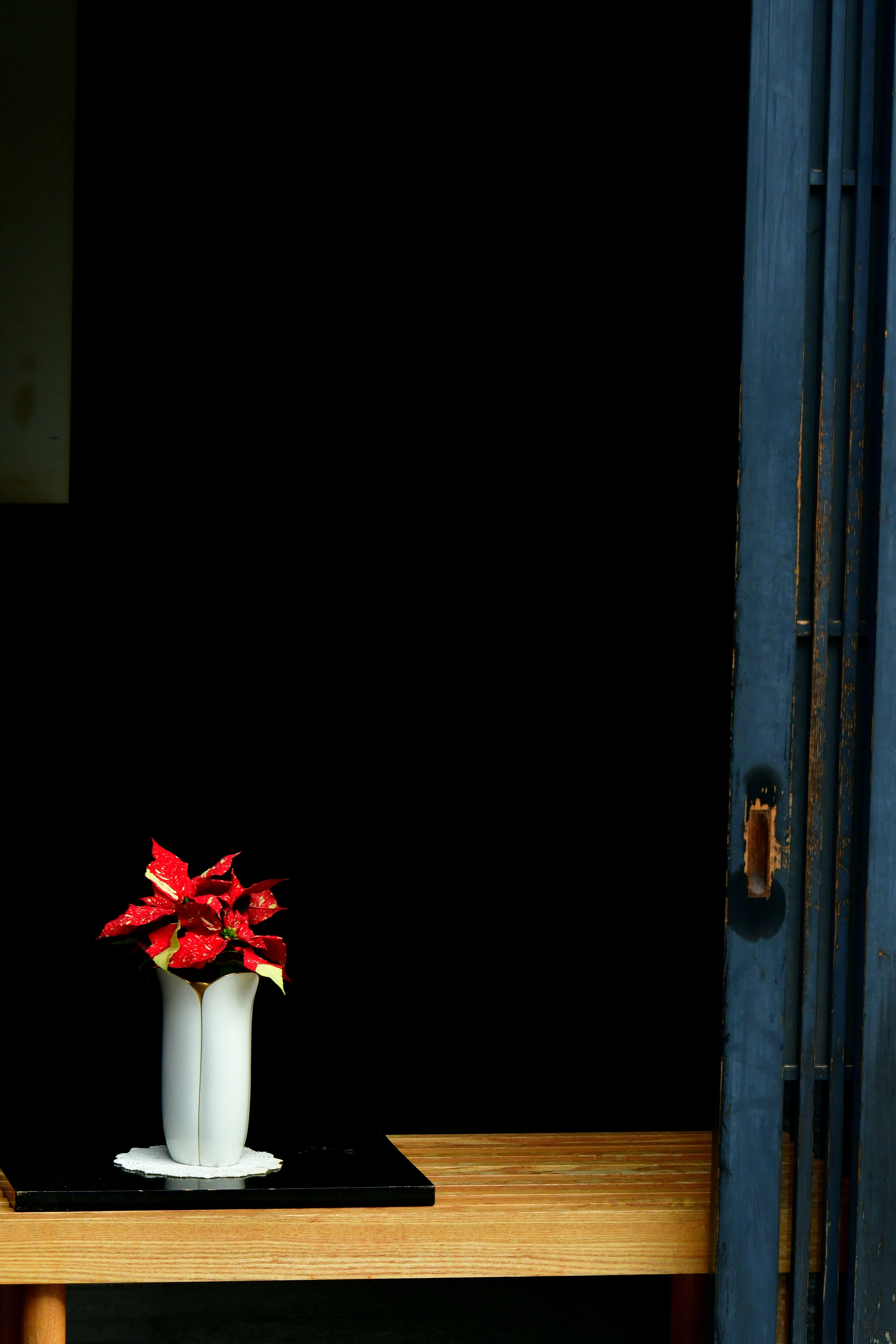 A white vase with a bouquet of red flowers set against a black background