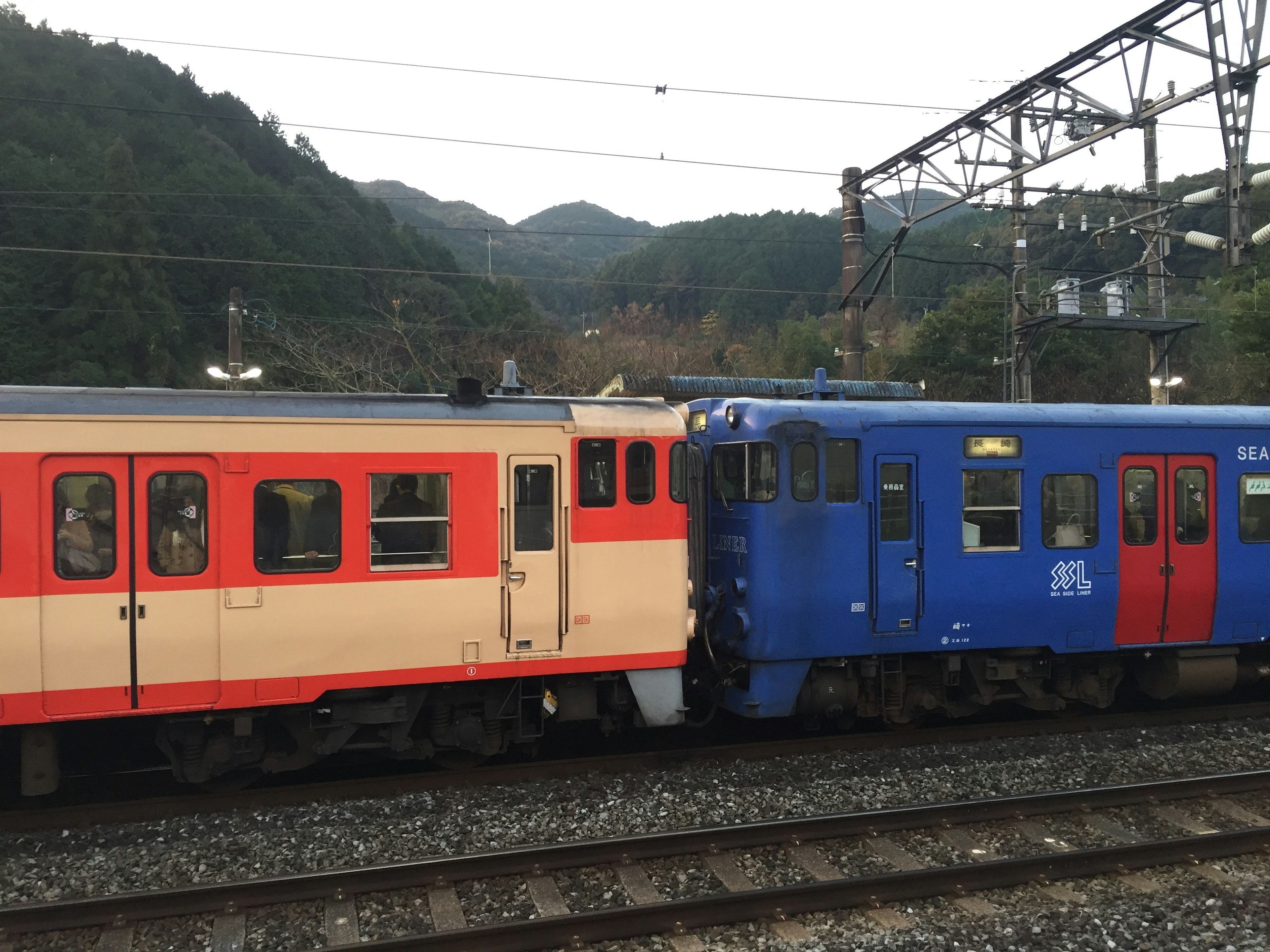 赤と青の電車が並んでいる風景 山と鉄道の架線が見える