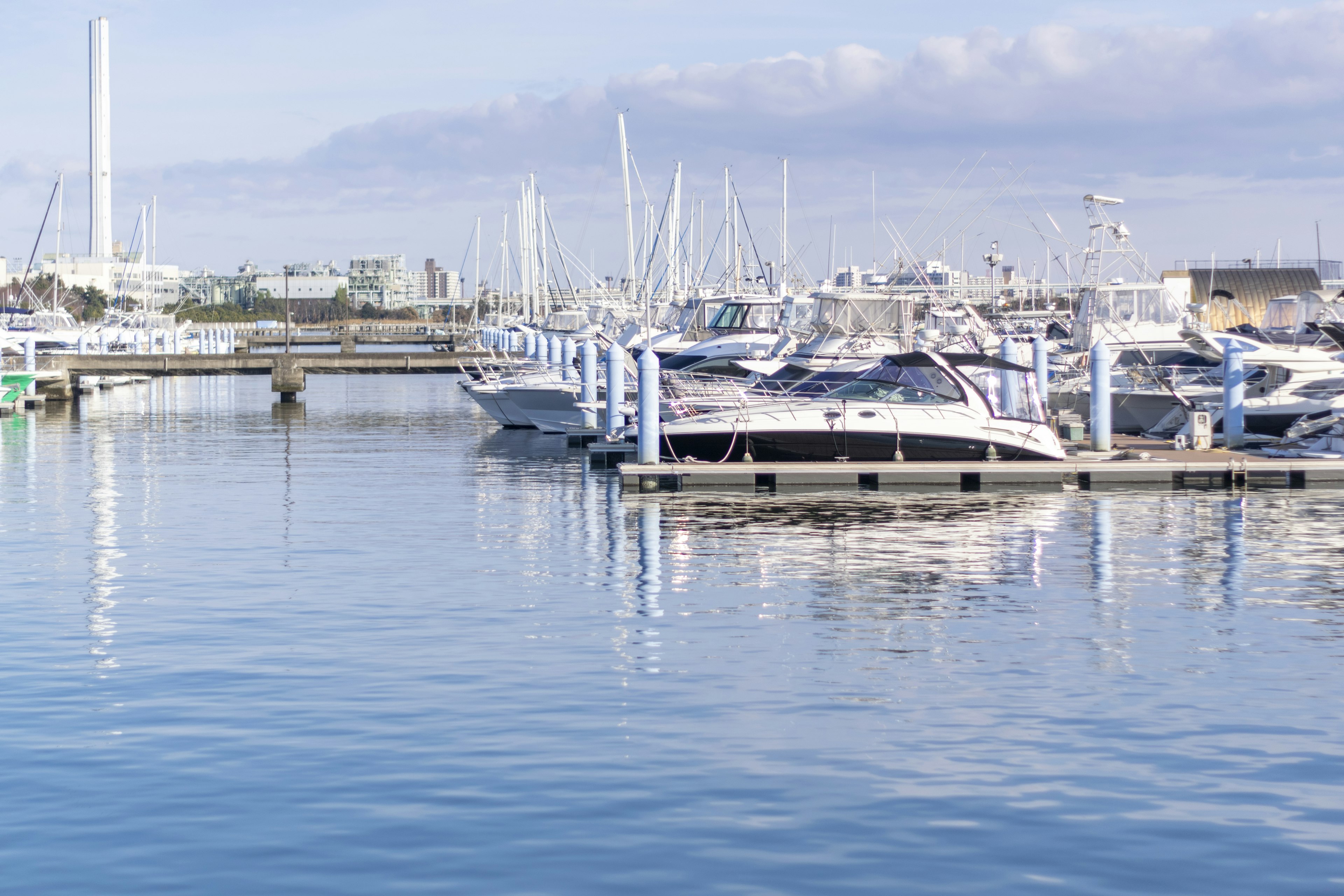 Calm marina with docked boats and serene water surface