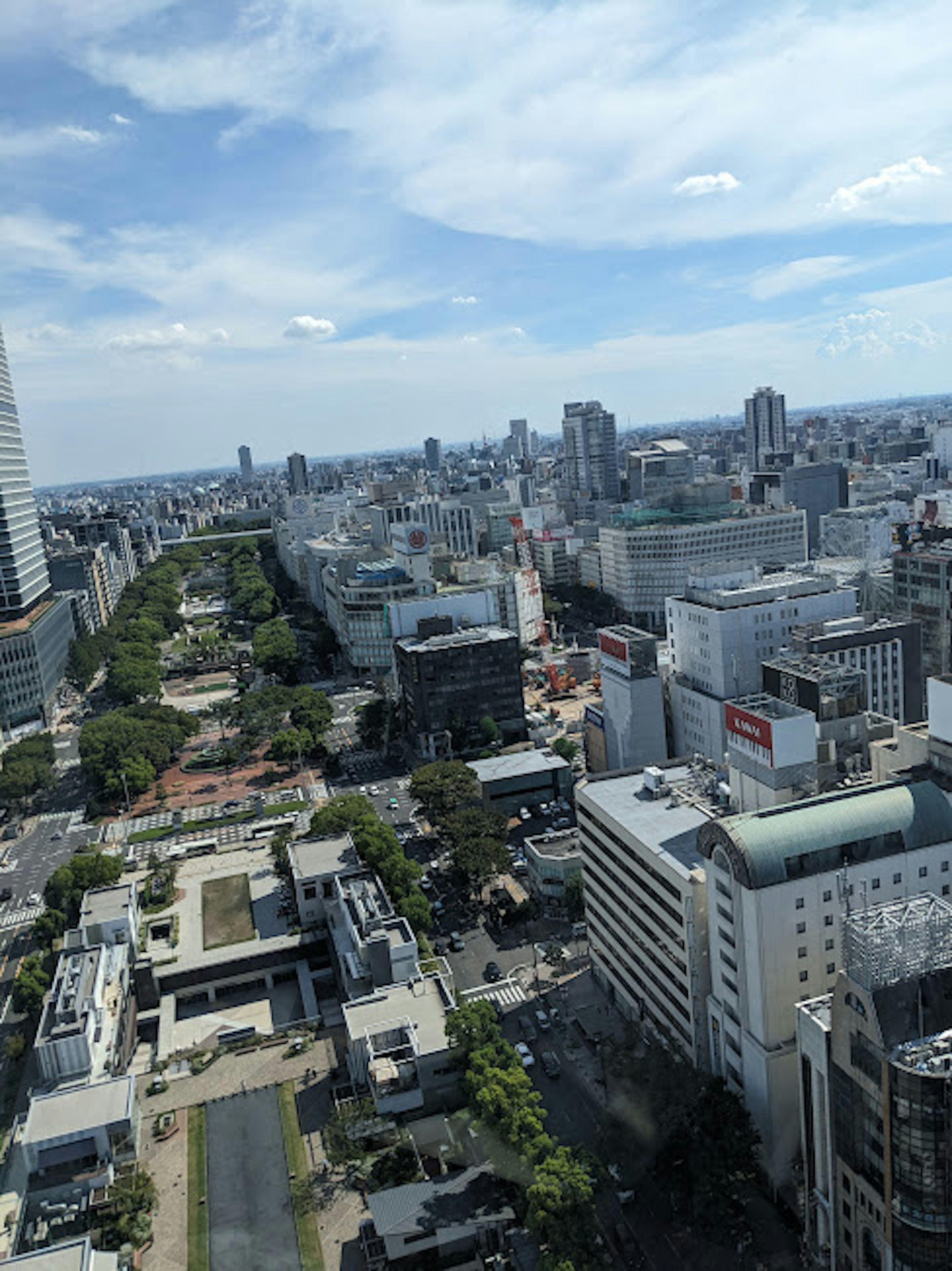 Vista panoramica di una città con grattacieli e cielo blu