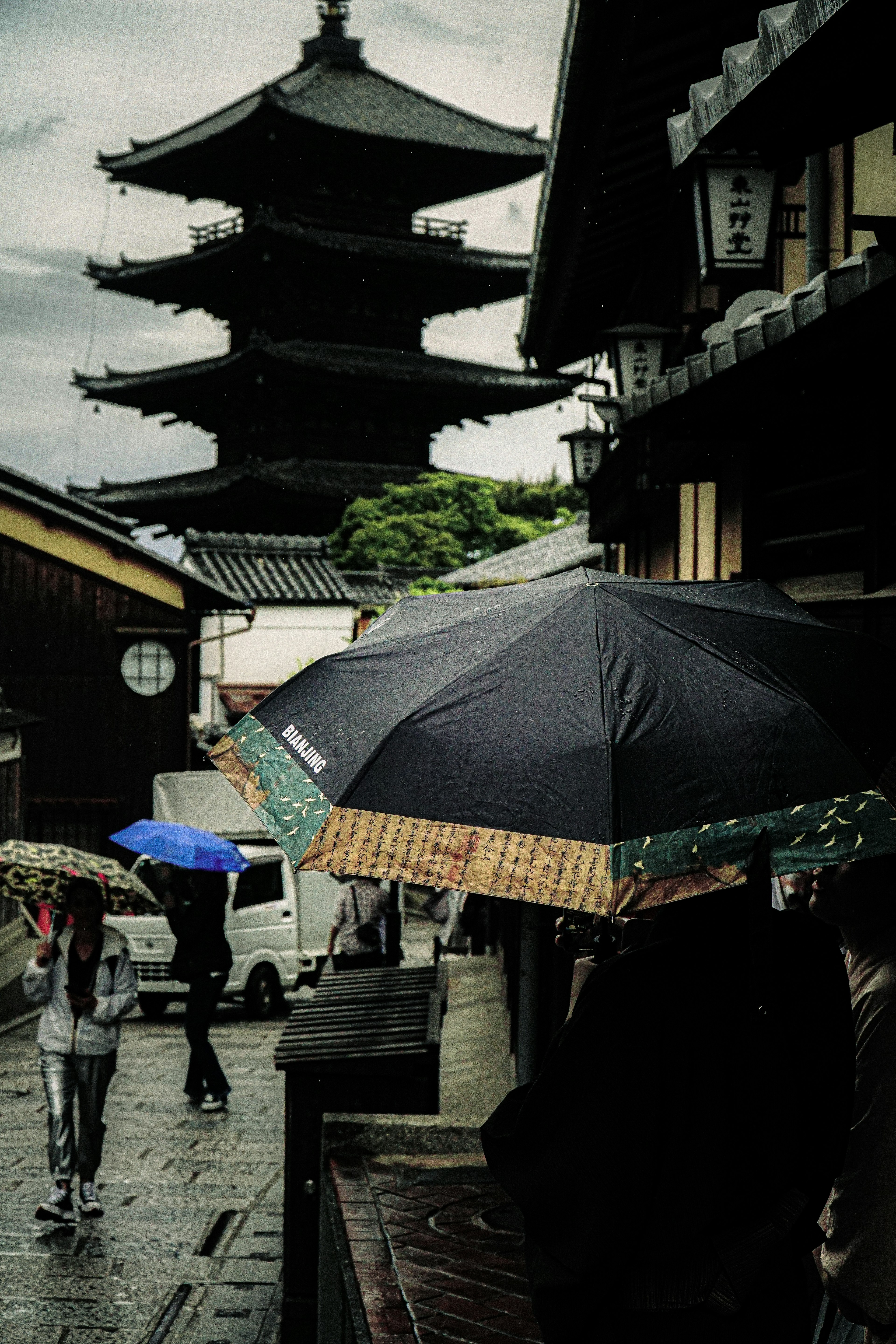 雨の中の五重塔と傘を持った人々の風景