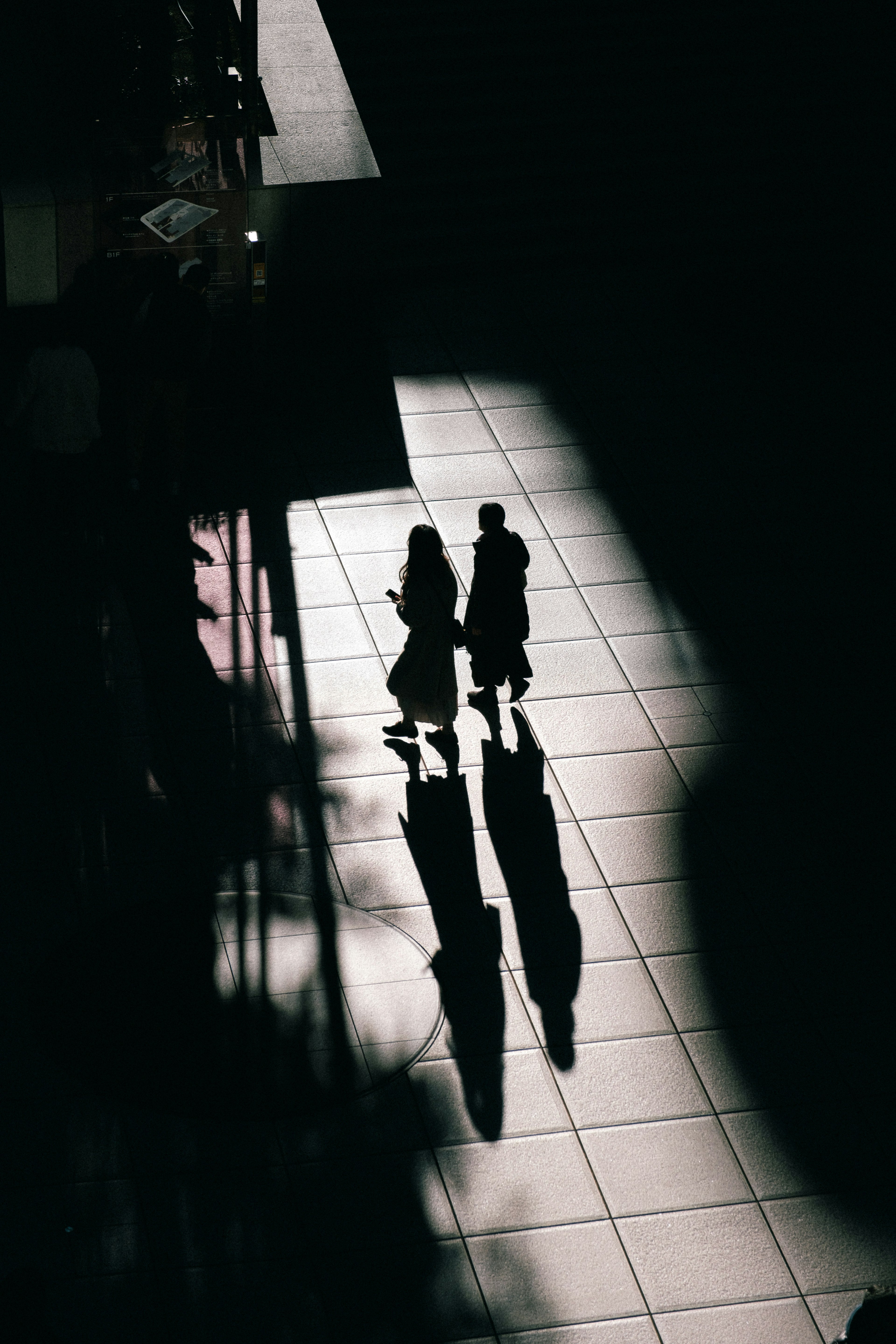 Siluetas de una pareja caminando sobre un suelo de baldosas con sombras