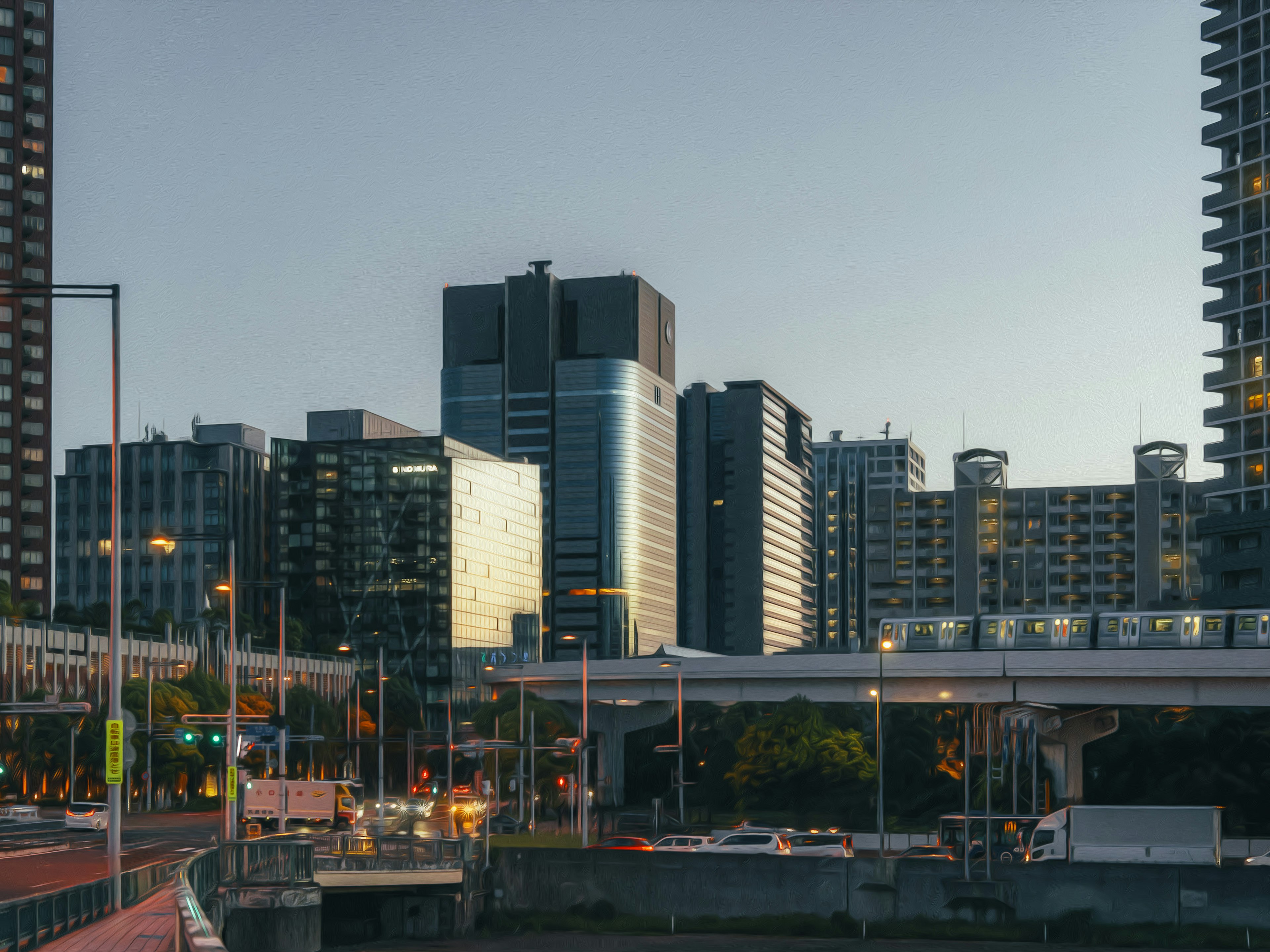 夕暮れ時の都市の風景 高層ビルと道路が見える