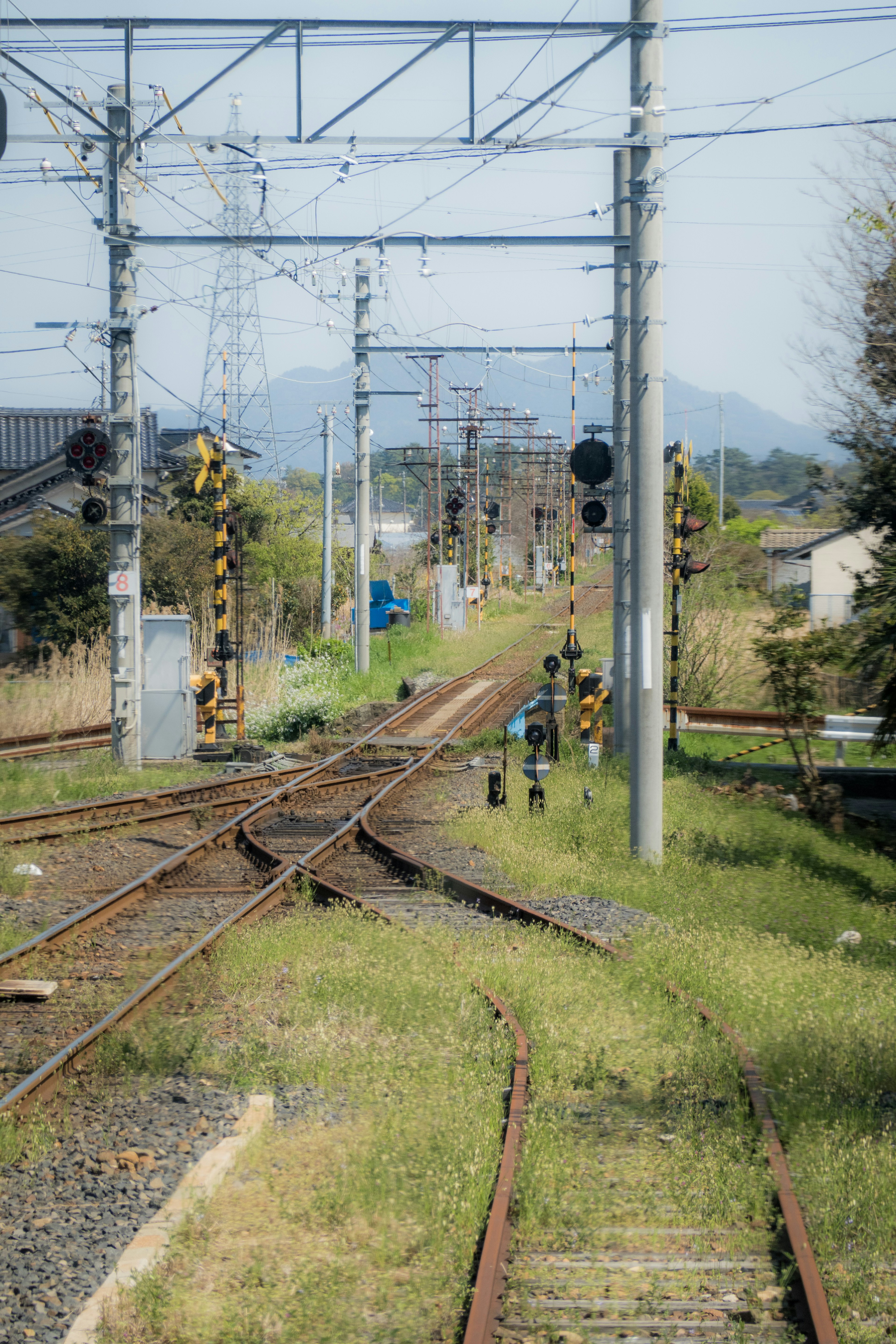 鉄道の分岐点と信号機が並ぶ風景