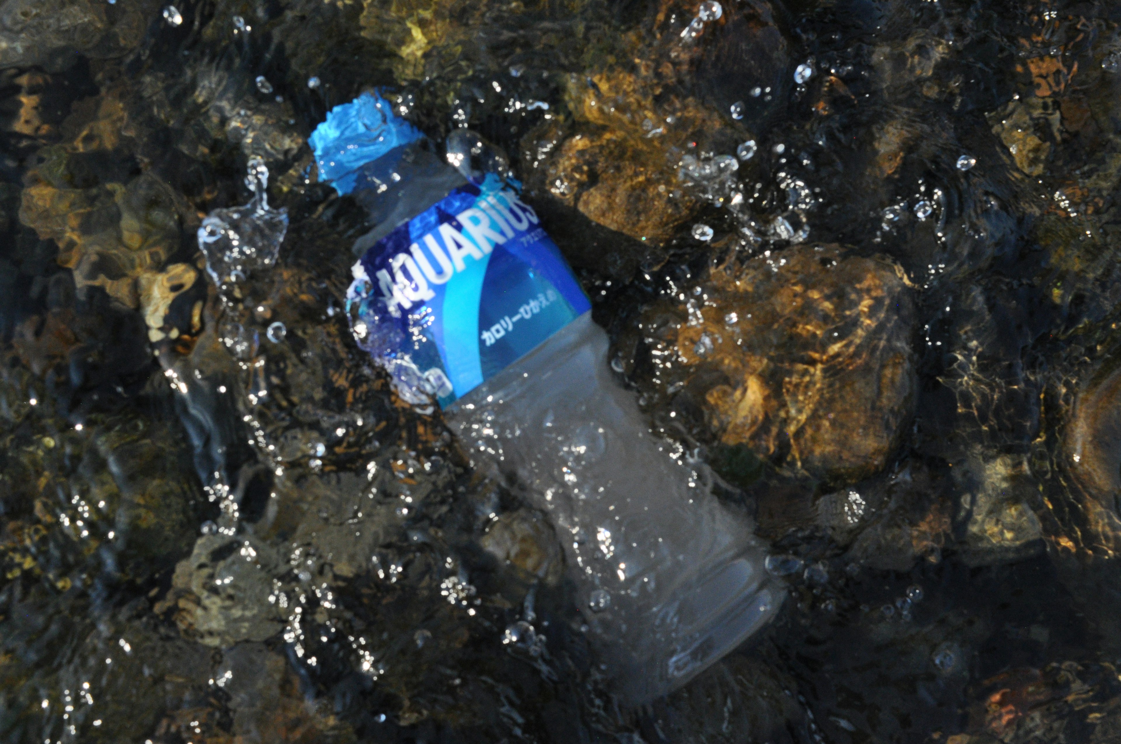 Aquarius-Wasserflasche, die im Wasser mit Steinen schwimmt