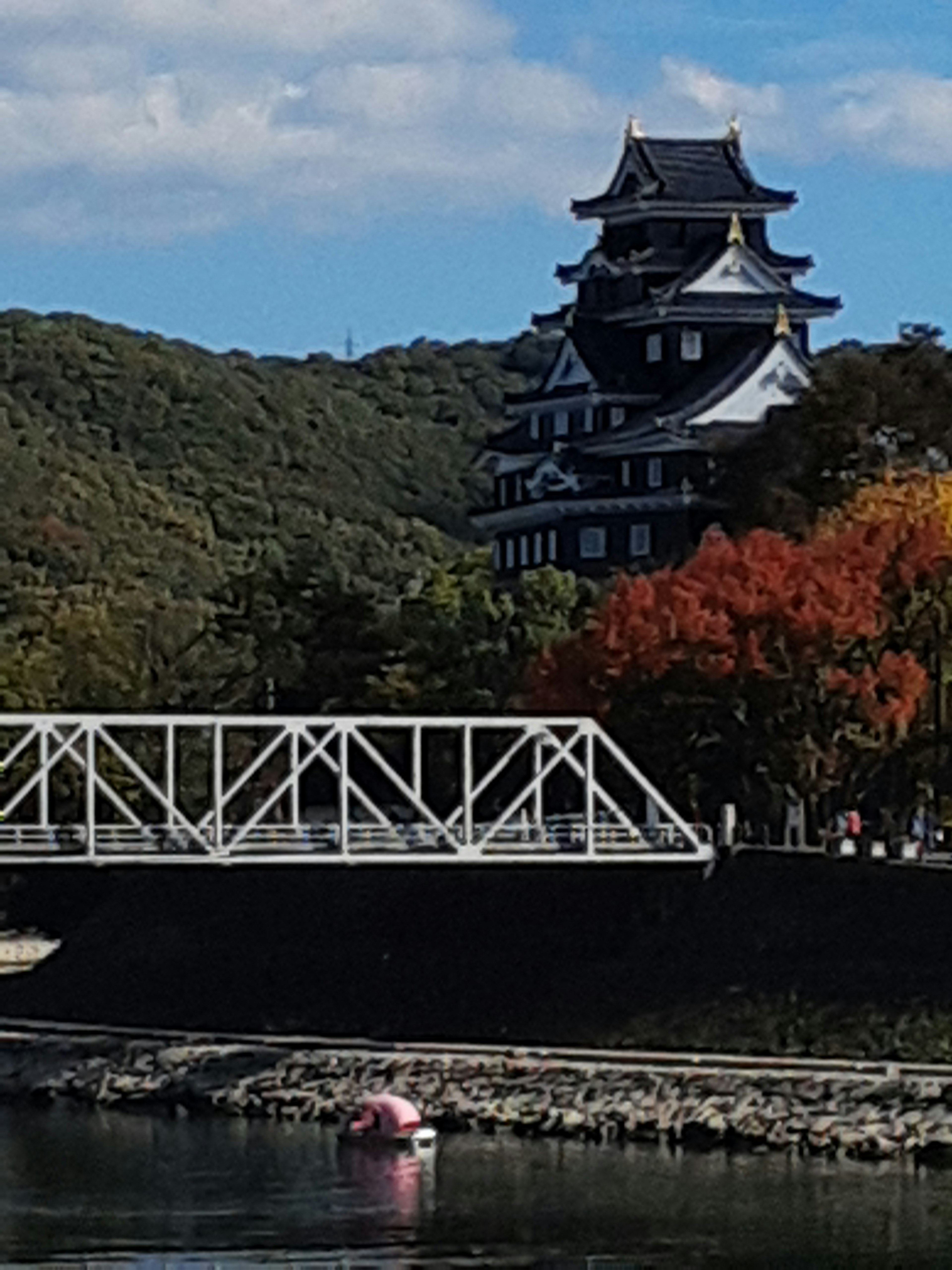 美しい山の背景に立つ黒い城と秋の紅葉