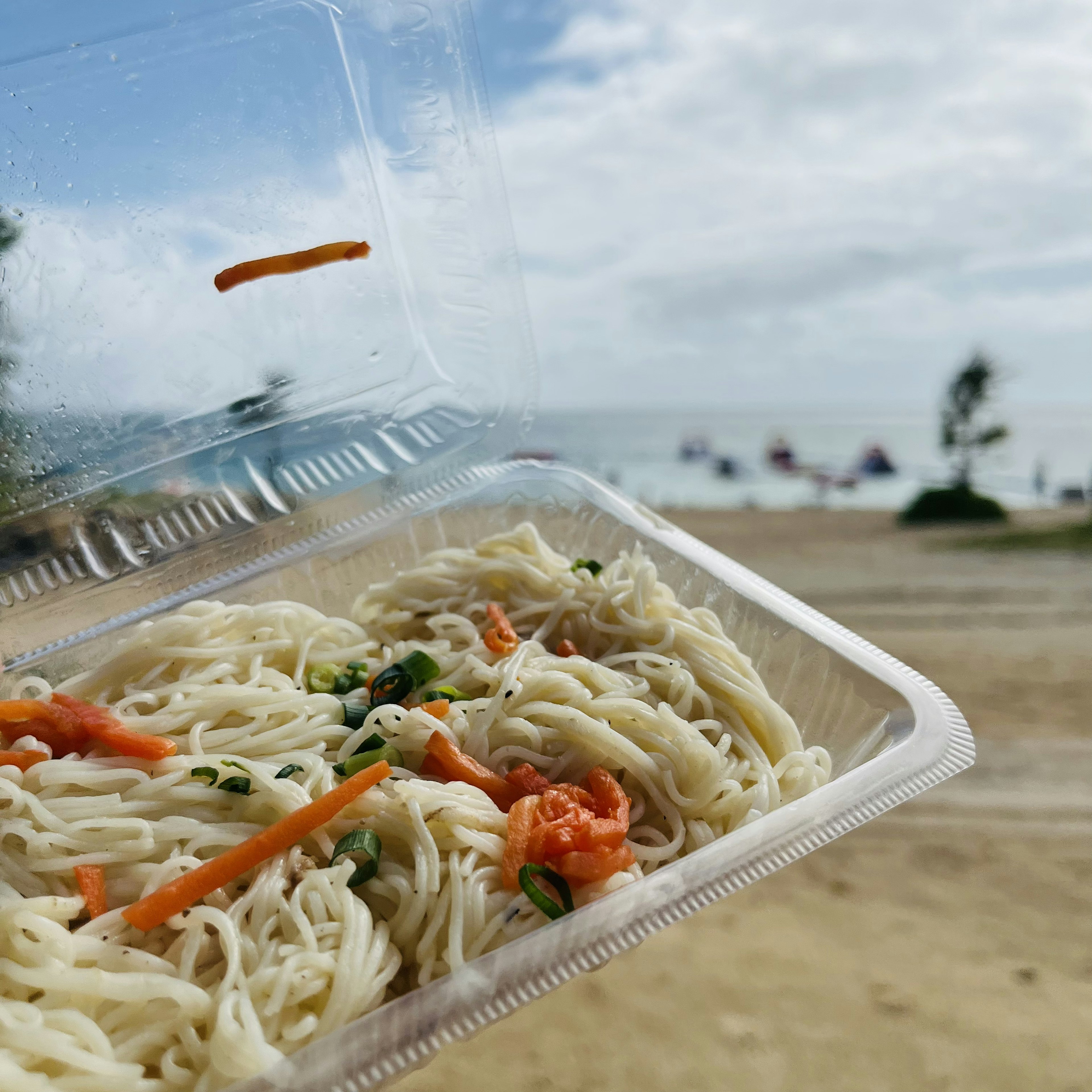 Hidangan mie bawa pulang dengan sayuran di latar belakang pantai