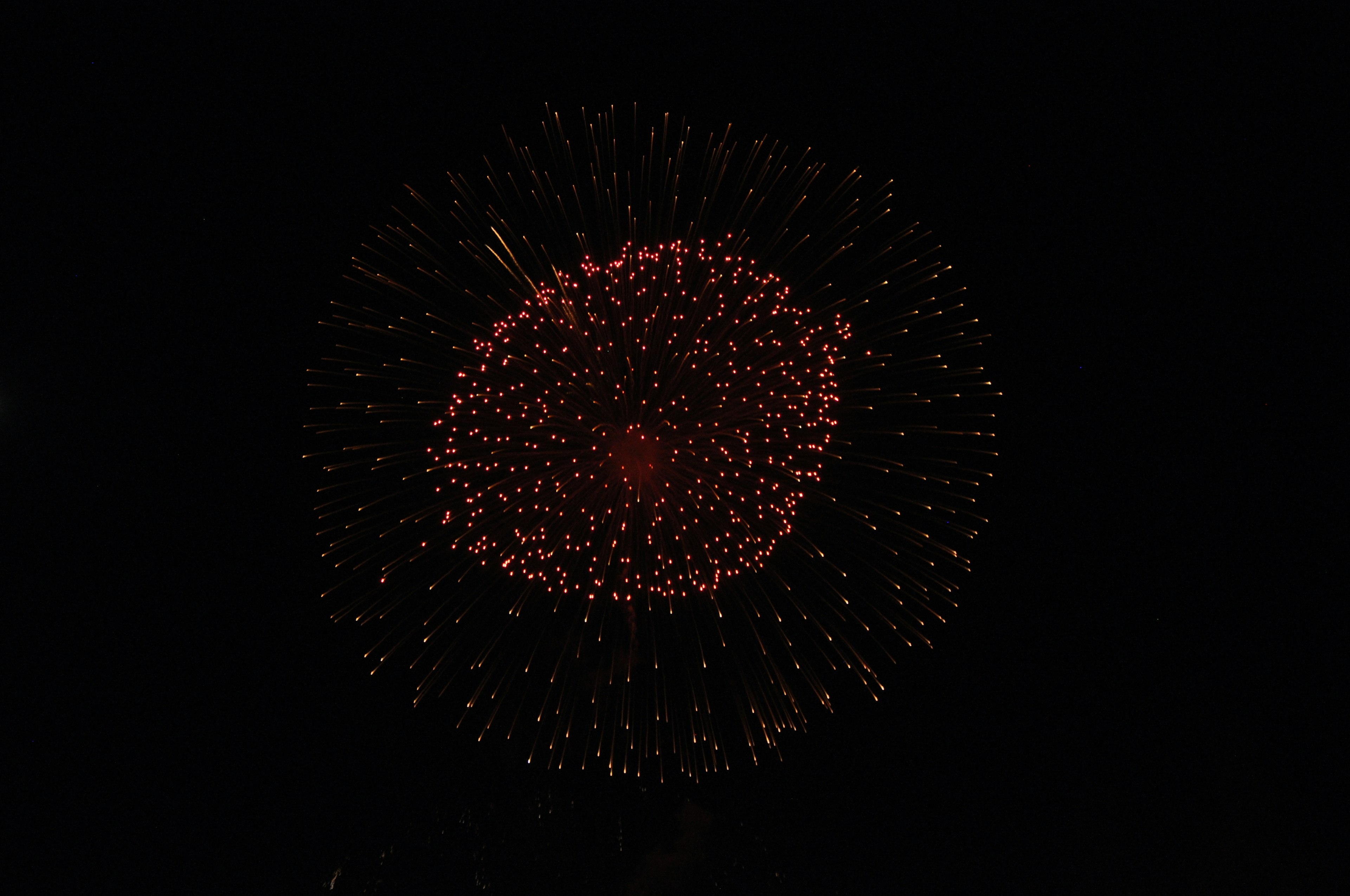 Patrón circular de fuegos artificiales rojos sobre fondo negro