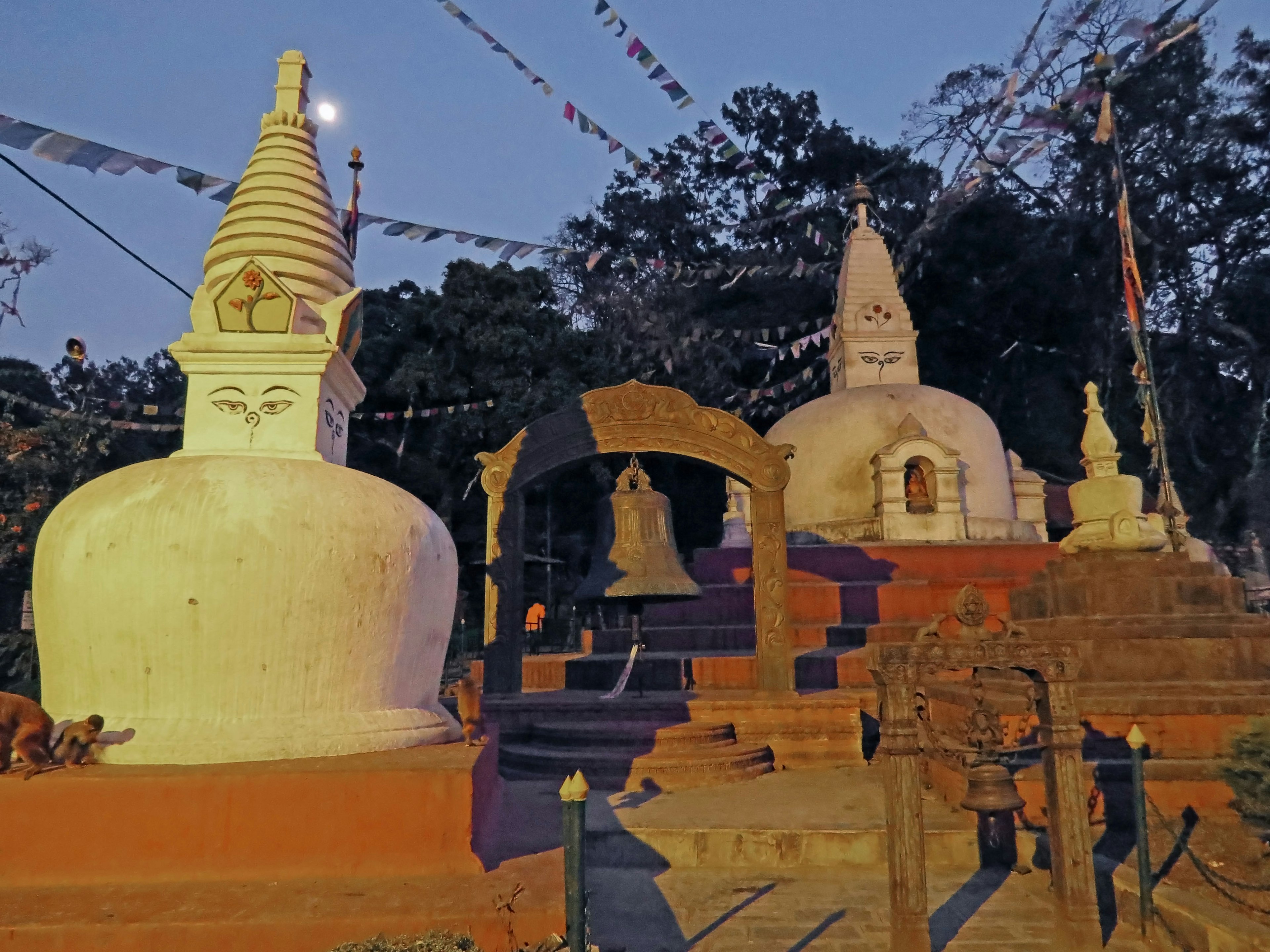 Vista panoramica di stupa e di una campana in un tempio illuminato di notte