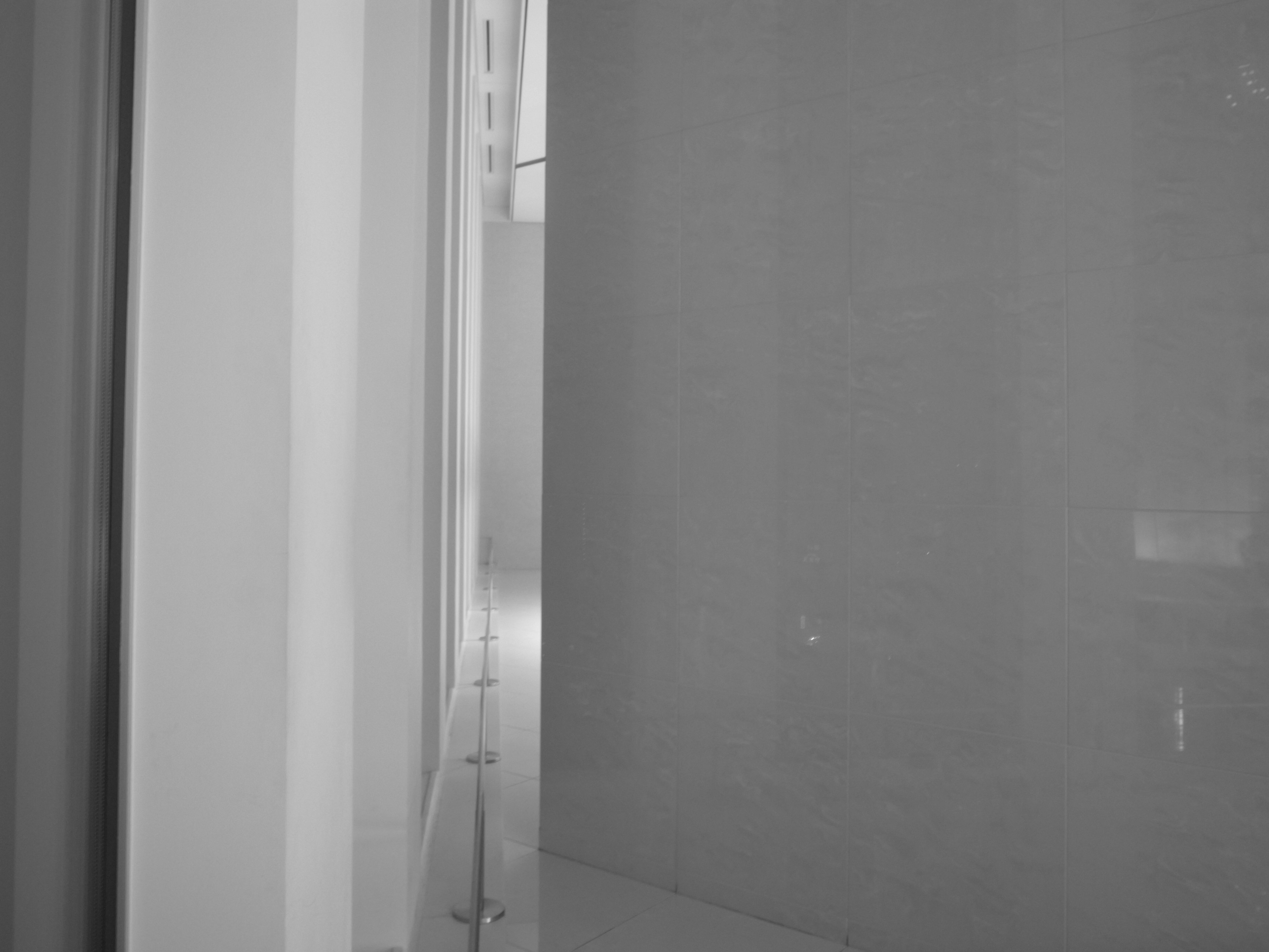 Black and white image of an interior space showing part of a wall and a door near a window