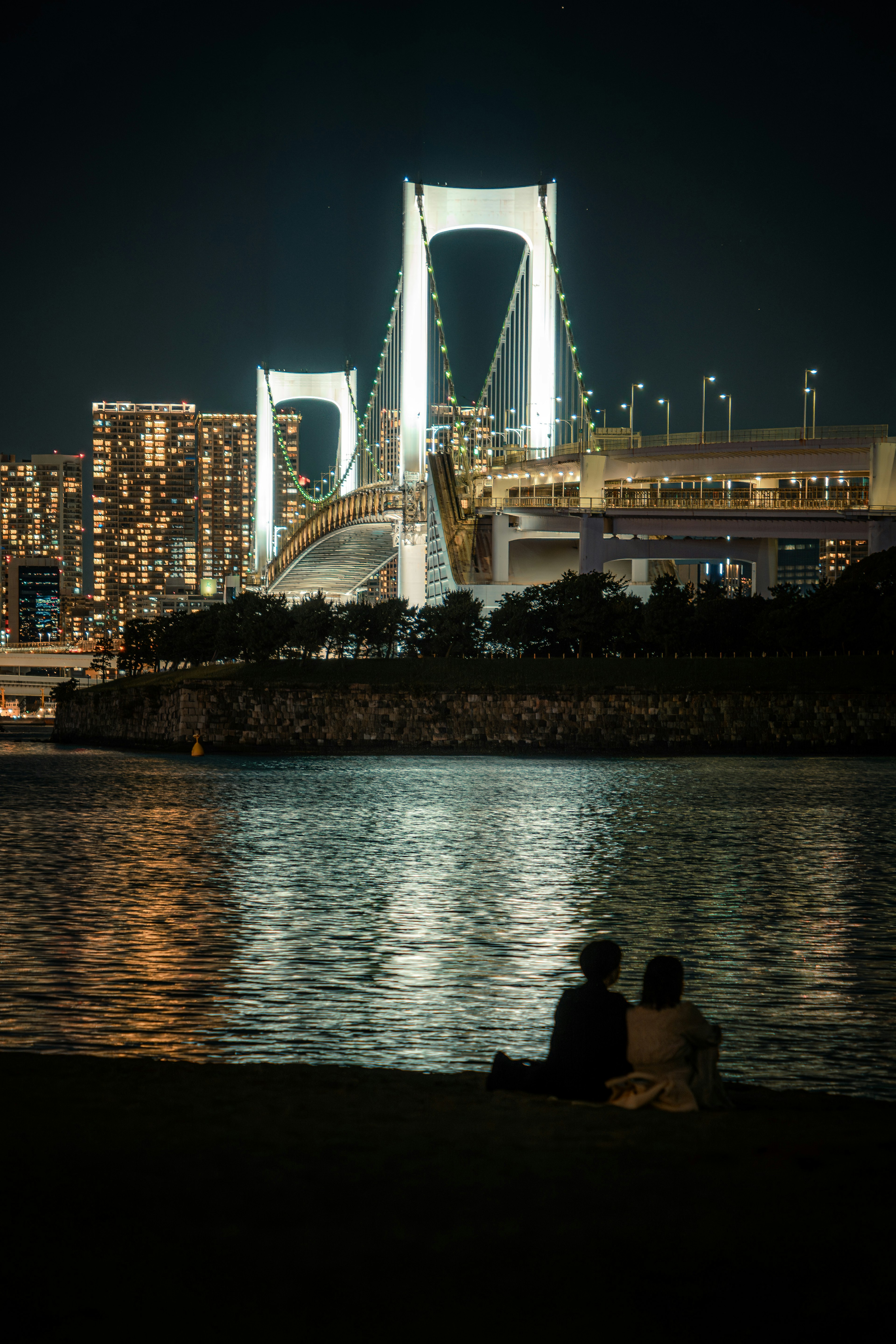 Silhouette of a couple by the waterfront with Rainbow Bridge illuminated at night