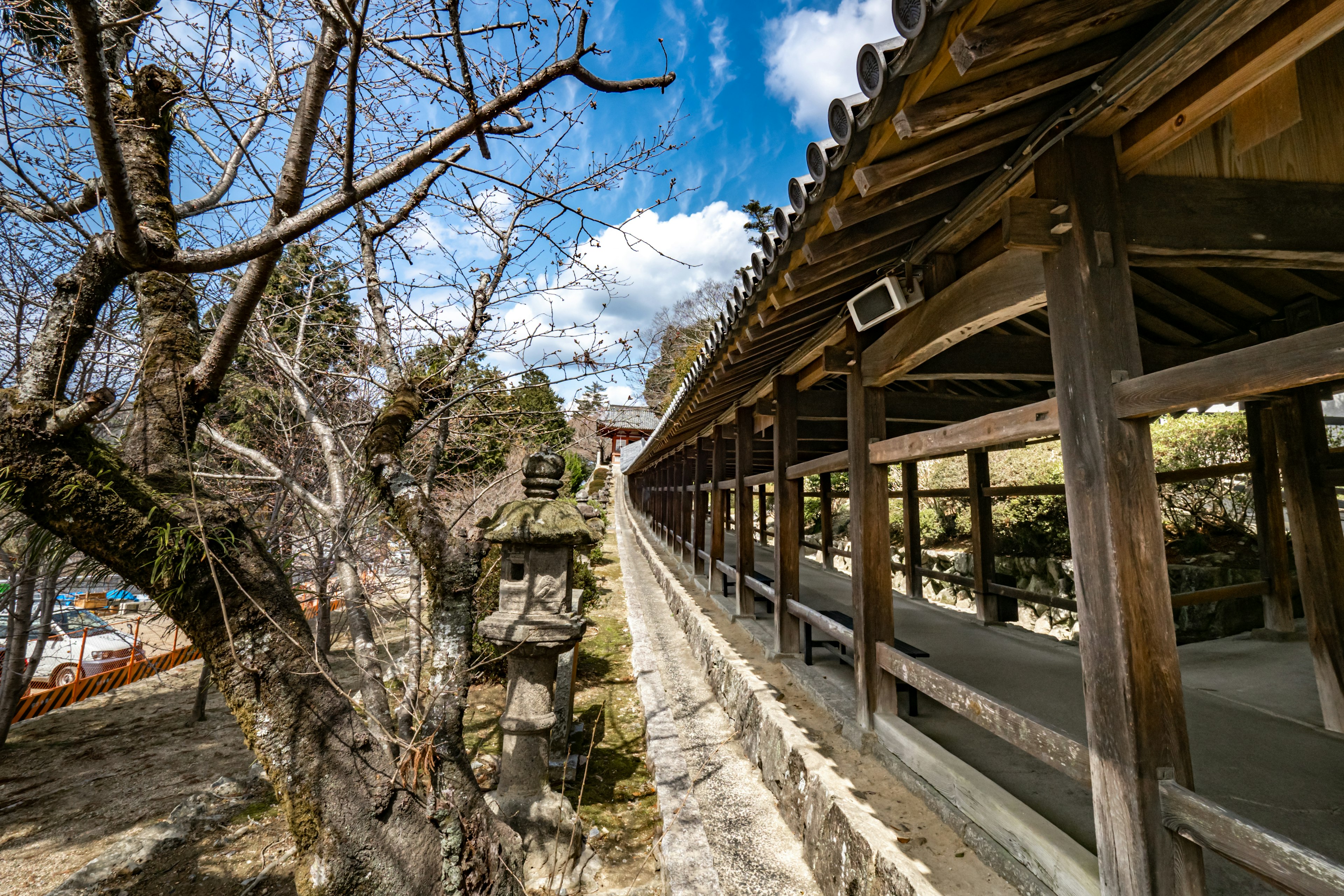 Wooden building with a scenic blue sky