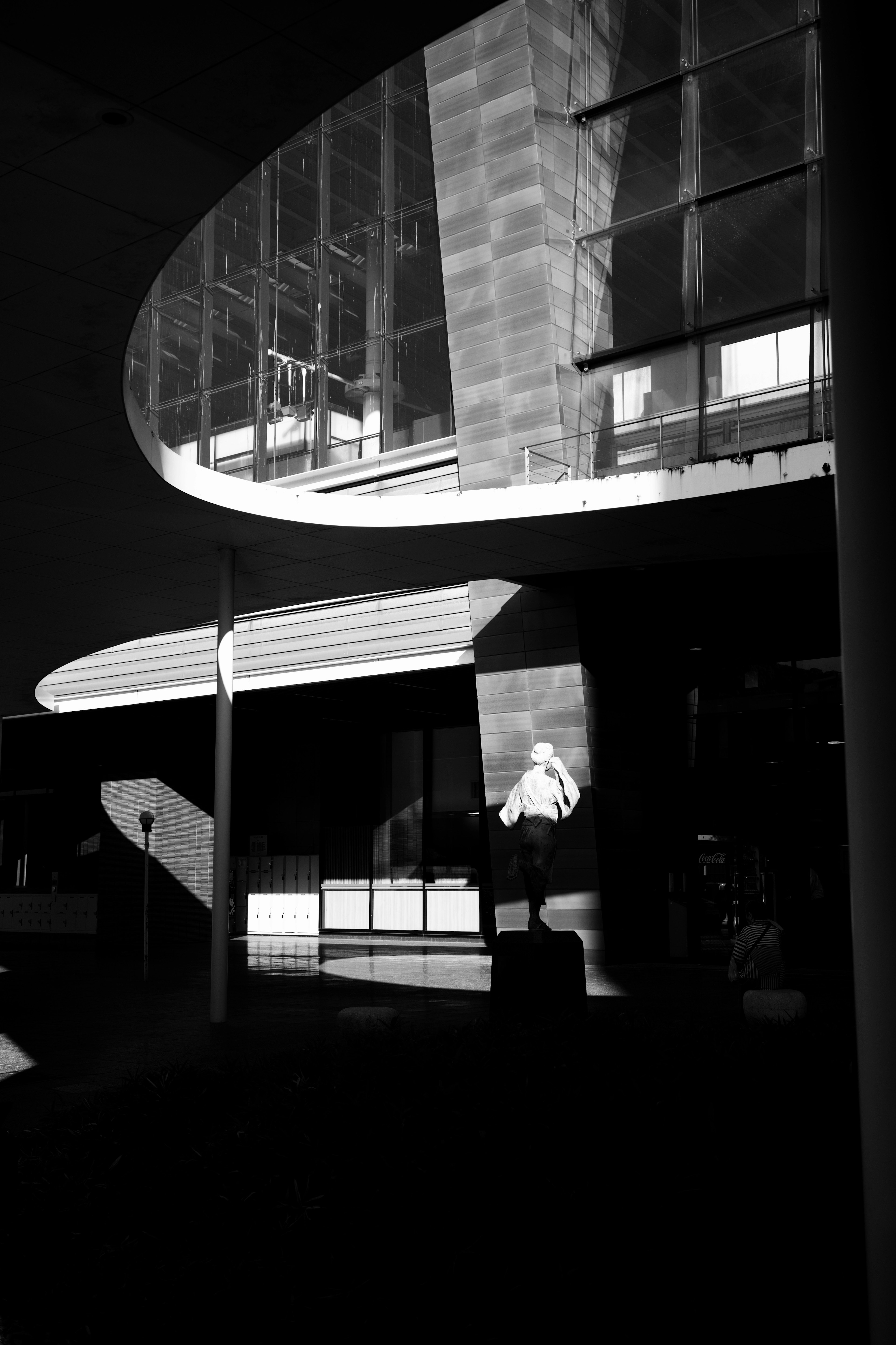 Black and white photograph featuring modern architecture and striking shadows