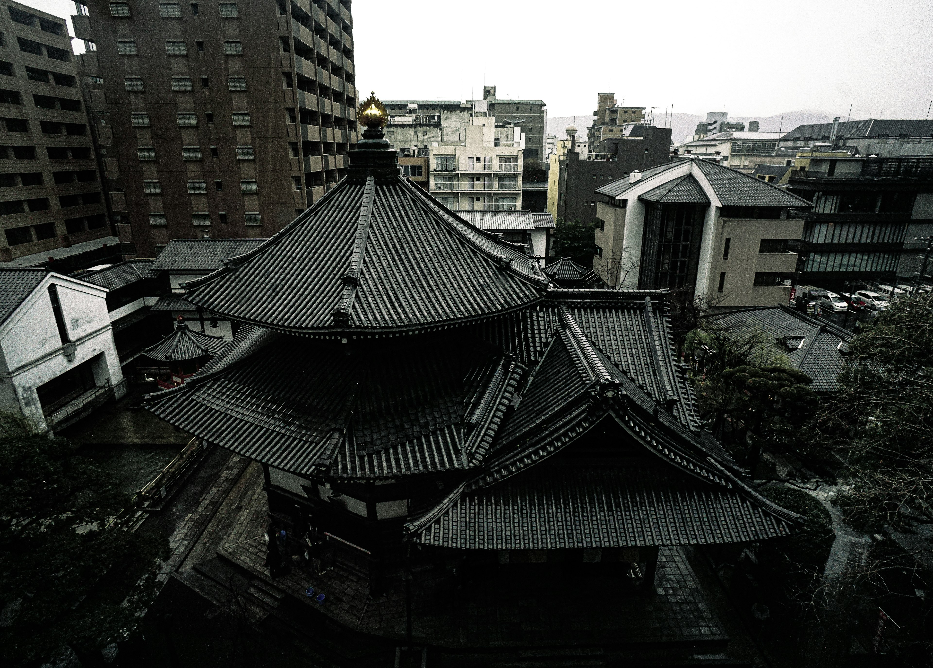 Traditional Japanese temple roof amidst urban buildings