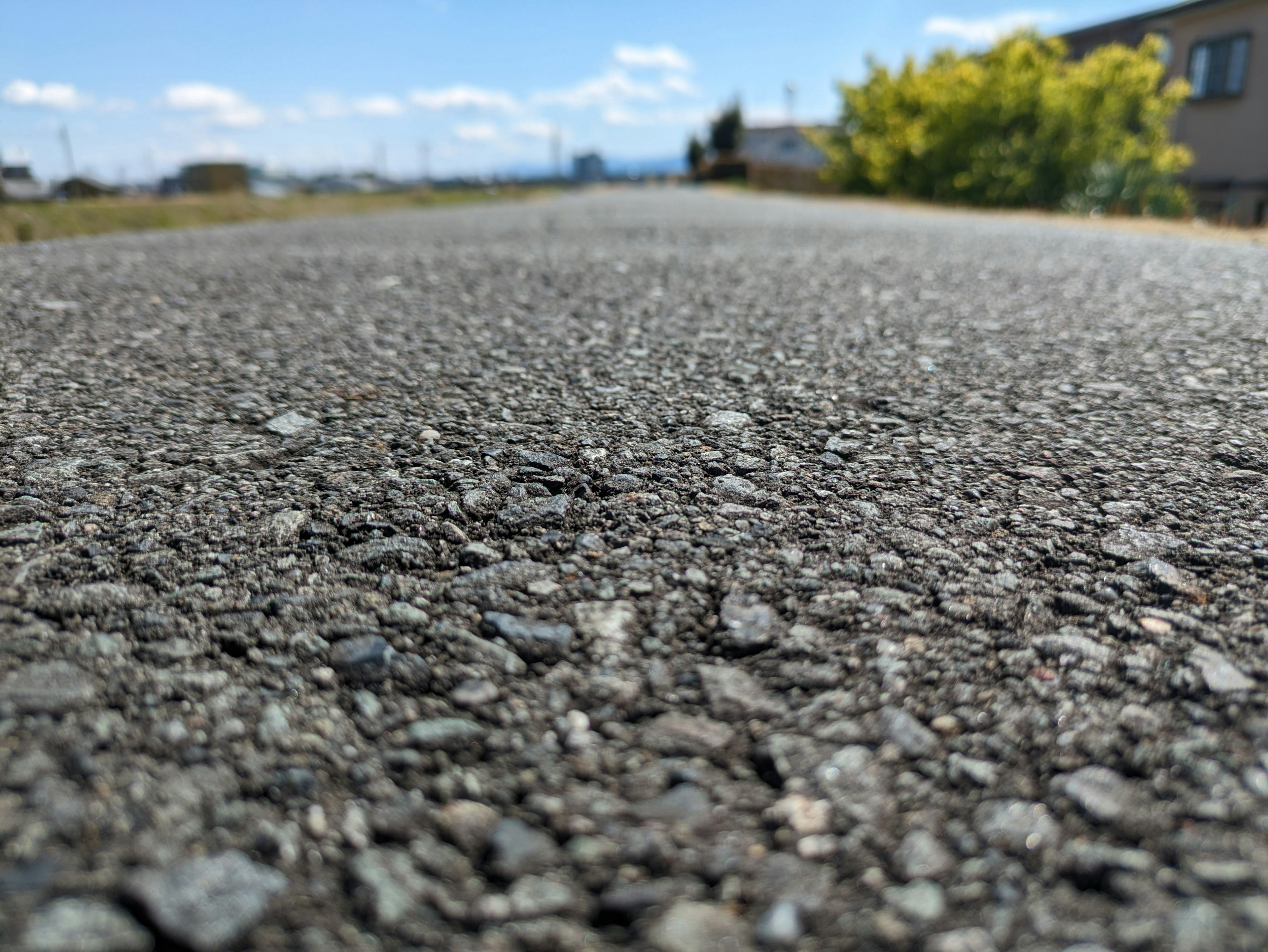 アスファルトの道路のクローズアップで、背景に青空と草木が見える