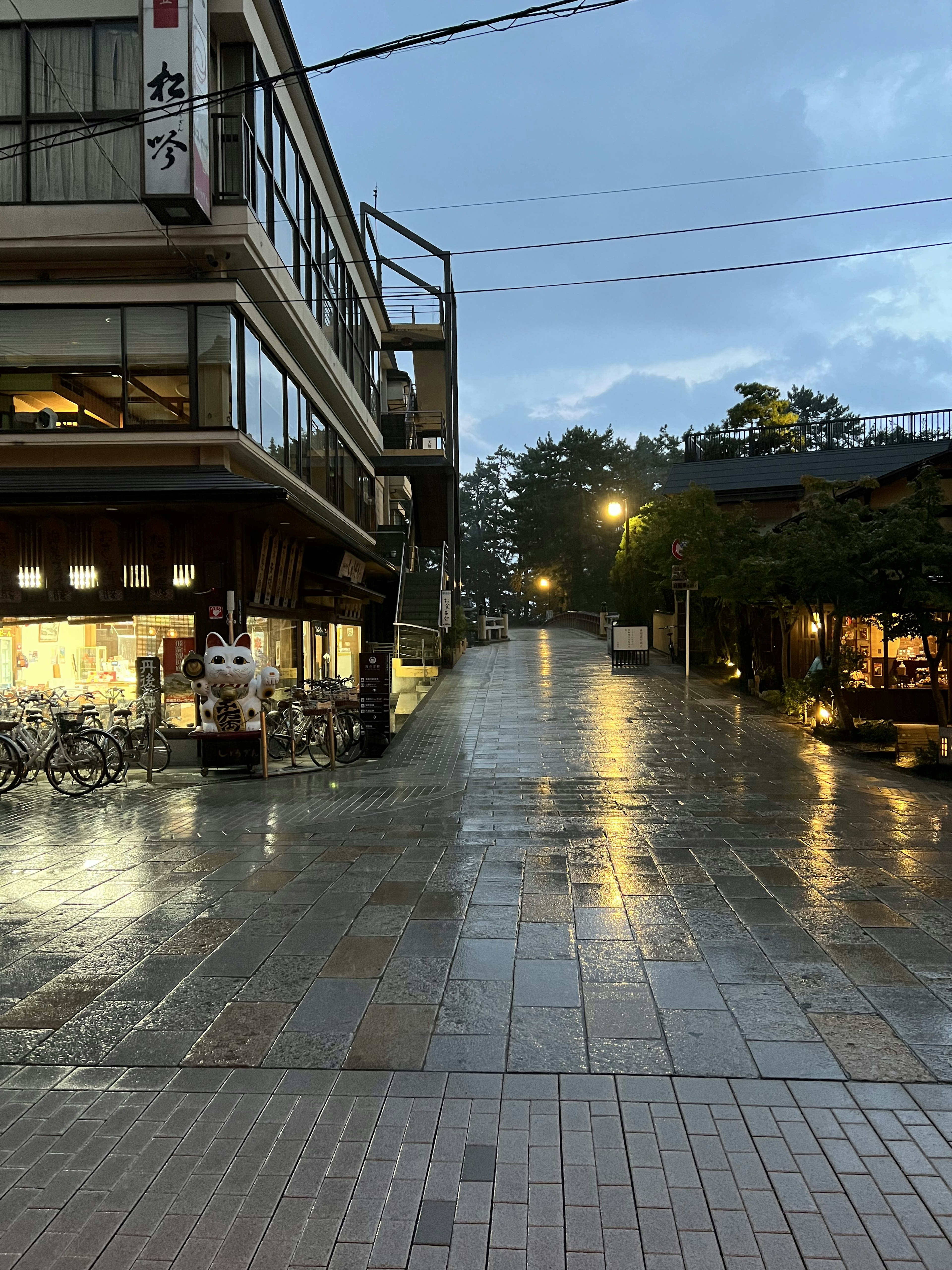 Calle tranquila después de la lluvia con edificio comercial y bicicletas estacionadas