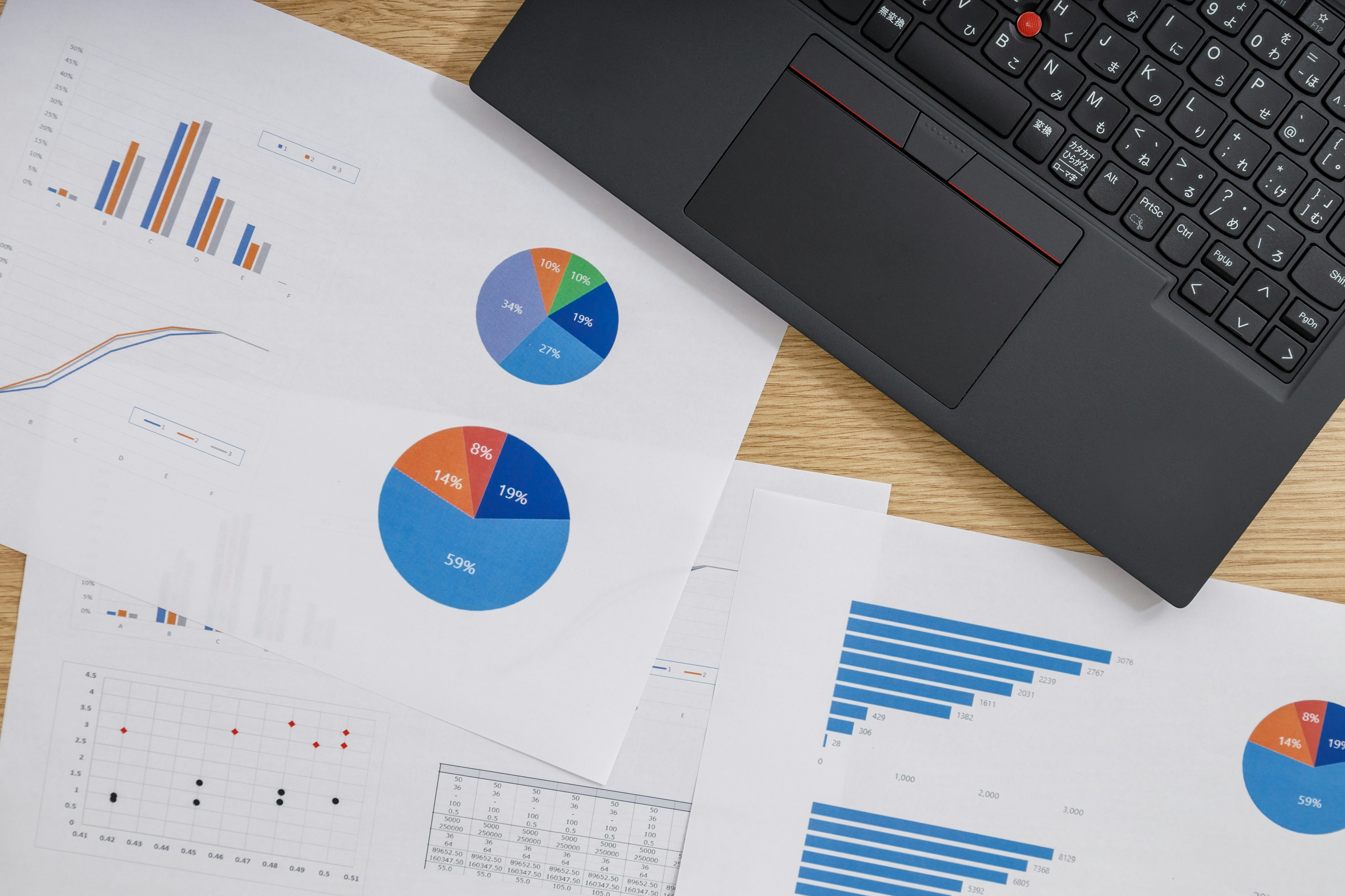 Grafici e tabelle stampati per l'analisi dei dati accanto a un laptop