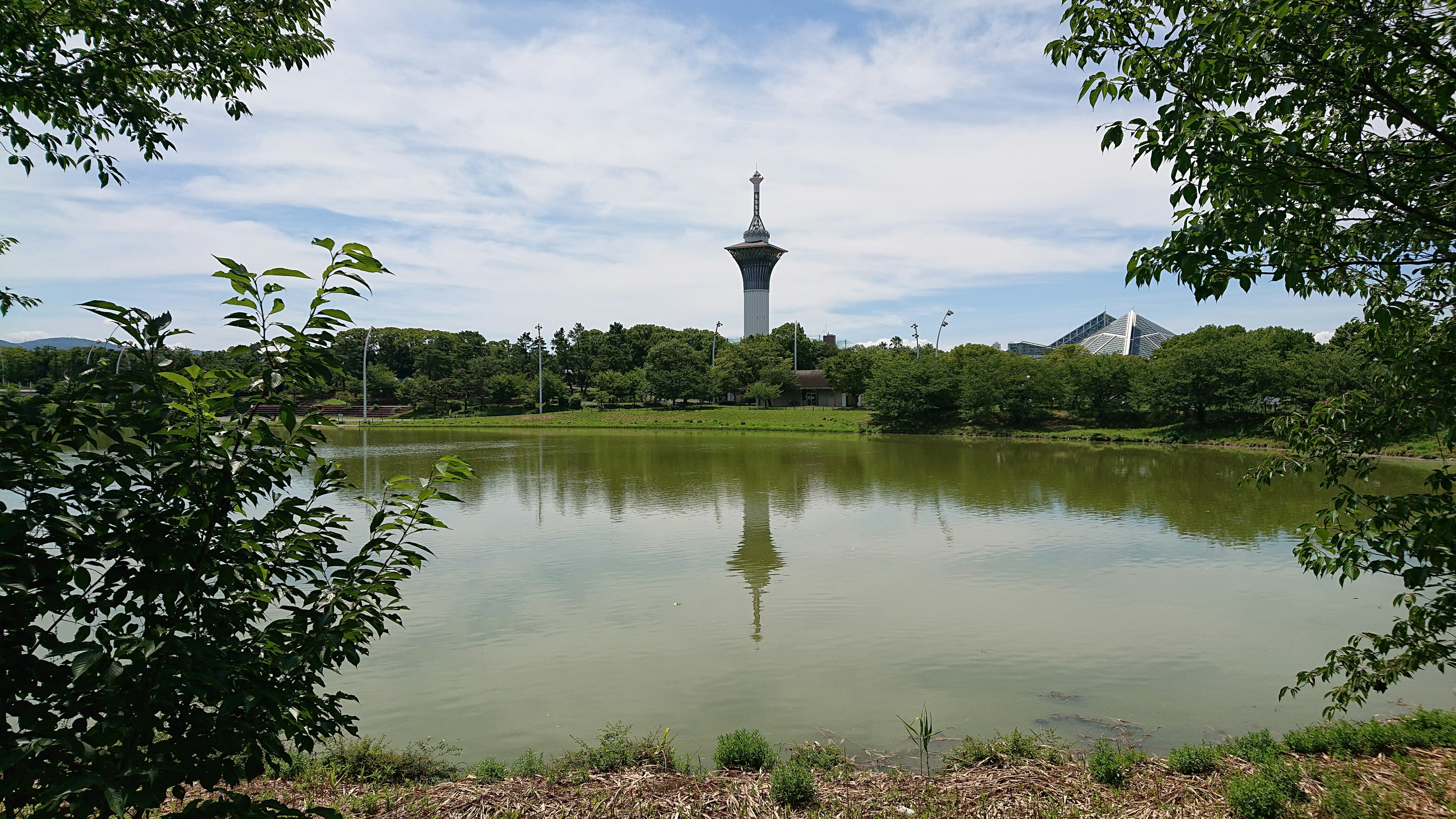 公園池塘中倒映的塔，四周綠樹環繞