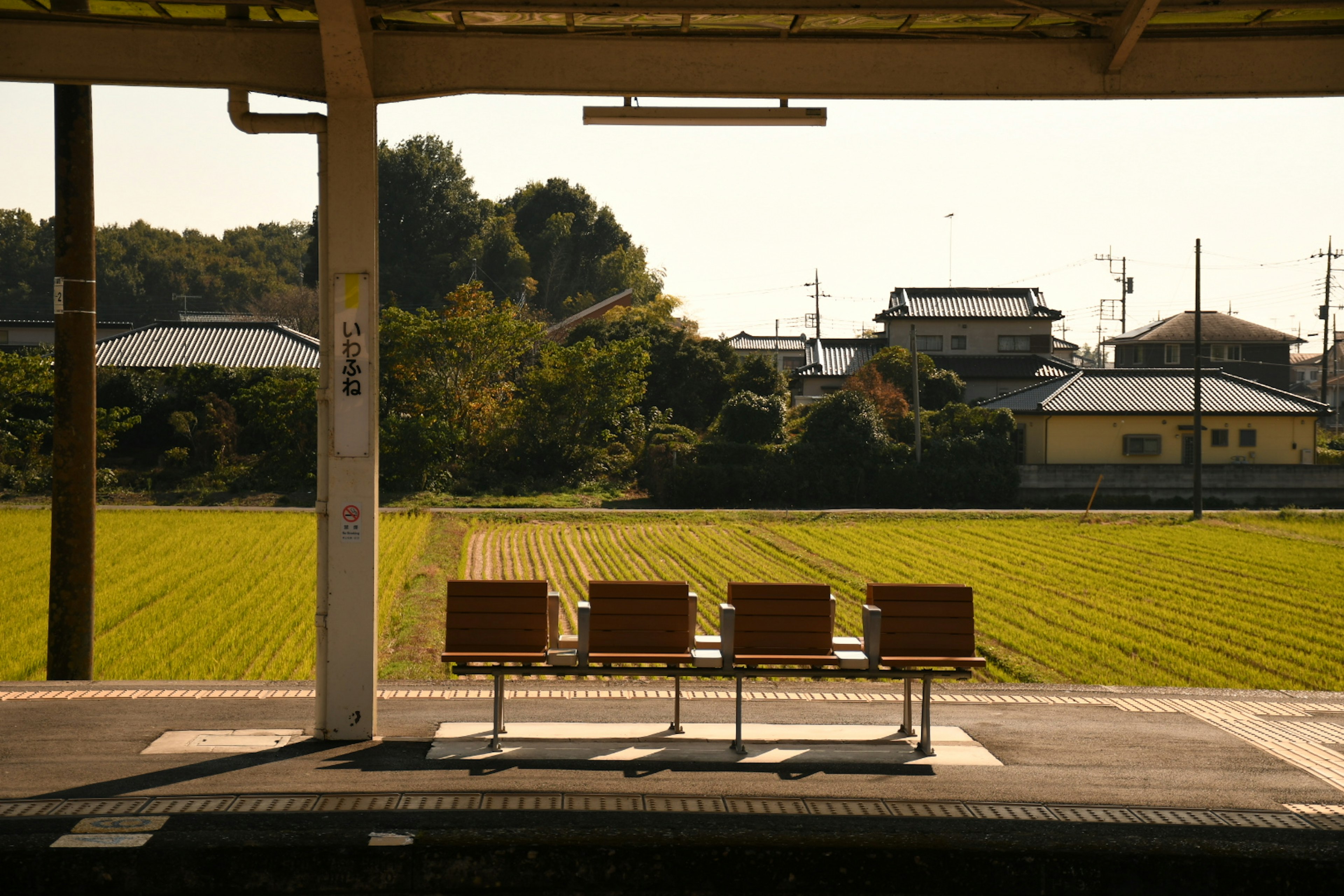 Bancs alignés sur une plateforme de train surplombant un champ de riz