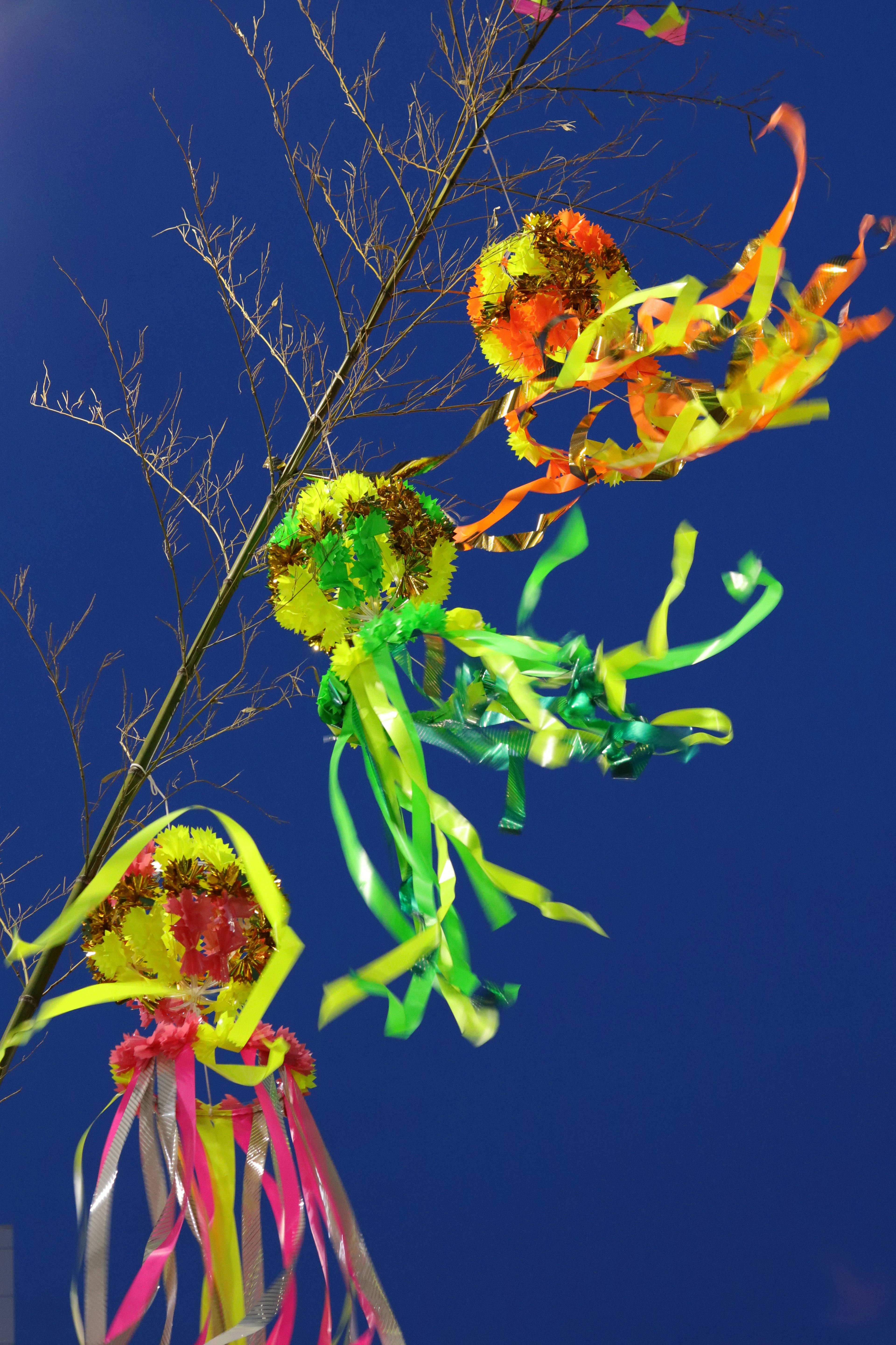 Colorful ribbons and flowers decorating a branch against a blue sky