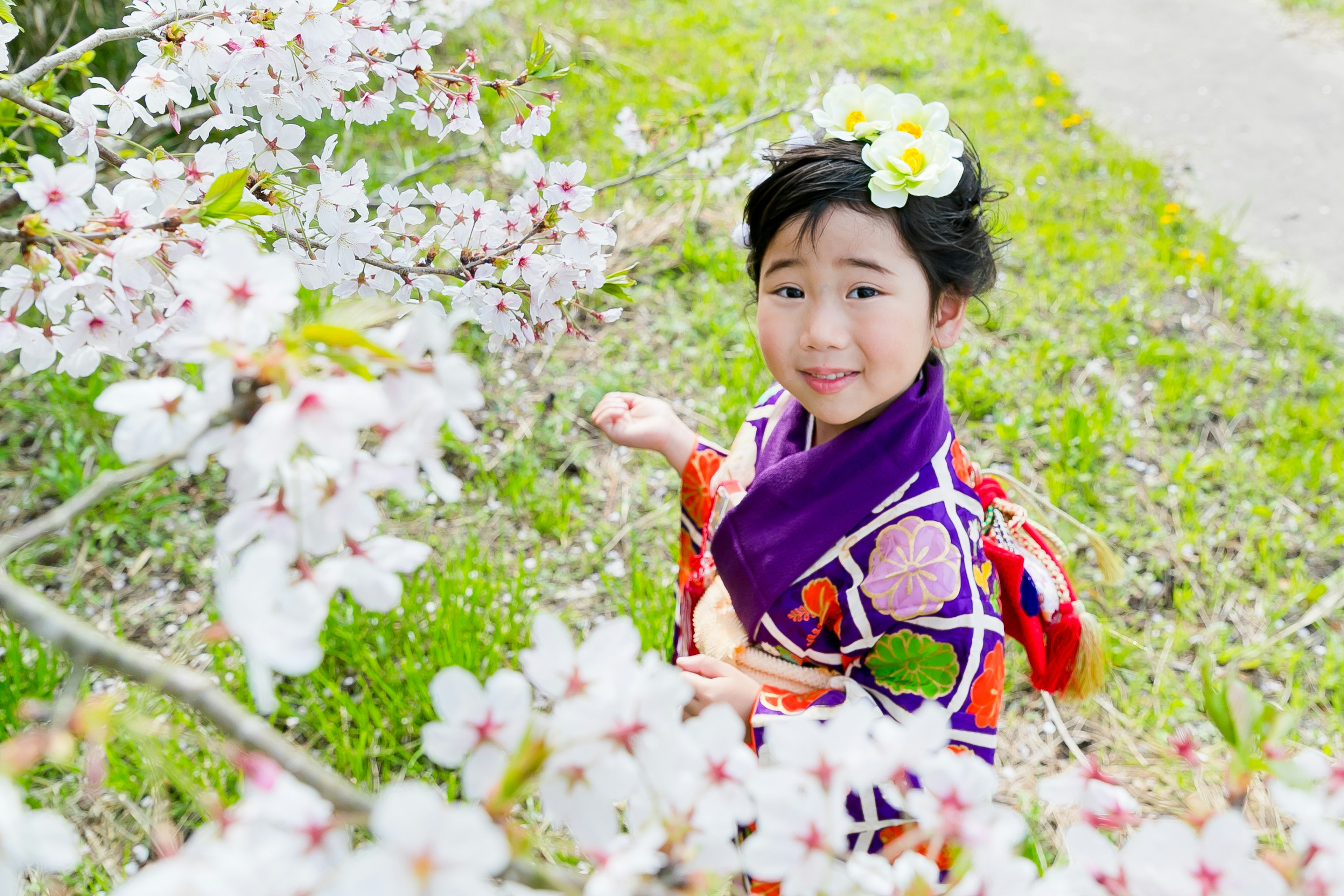 Seorang gadis tersenyum di antara bunga sakura mengenakan kimono berwarna-warni