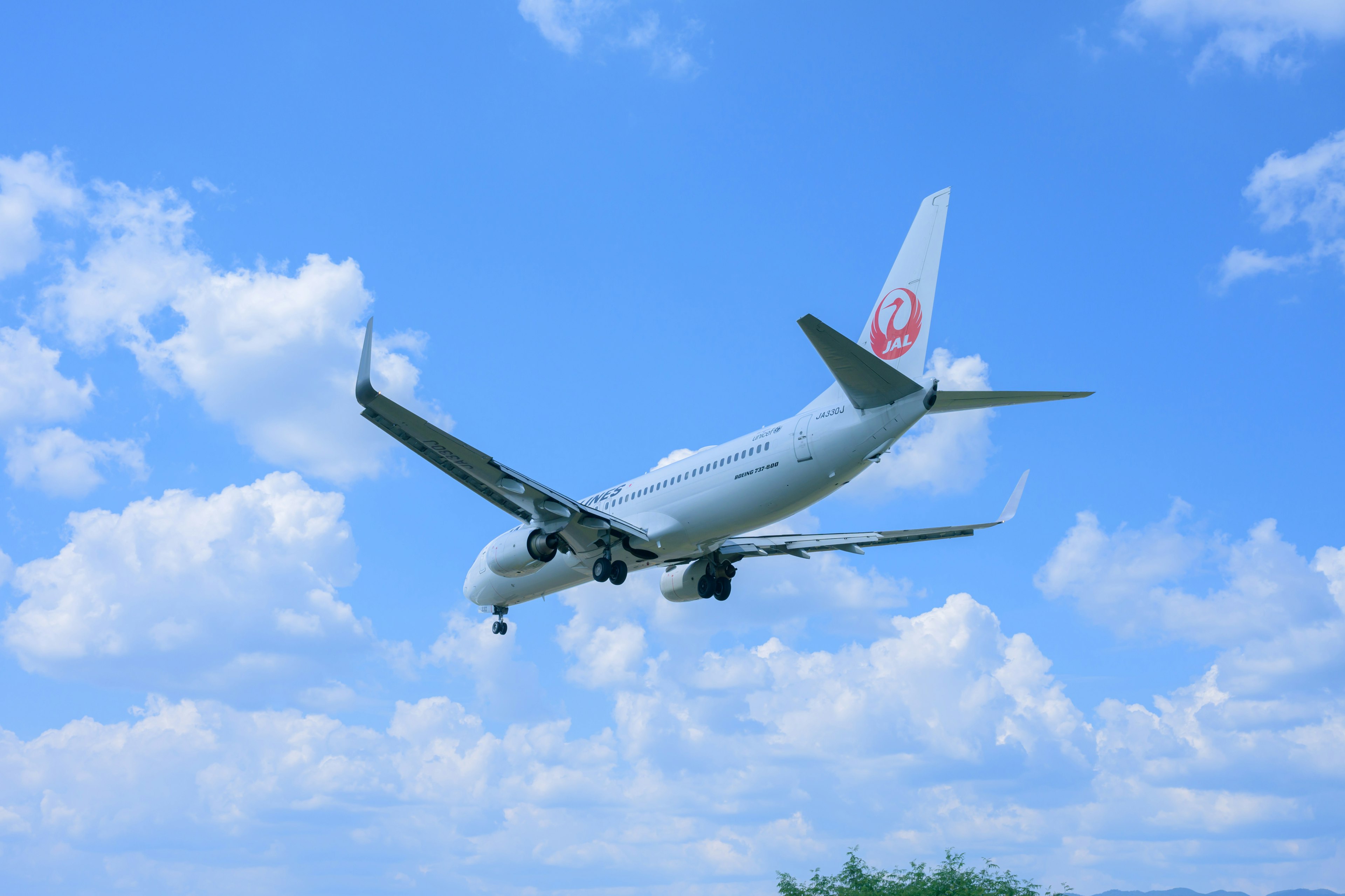 Avión de pasajeros de Japan Airlines volando bajo un cielo azul