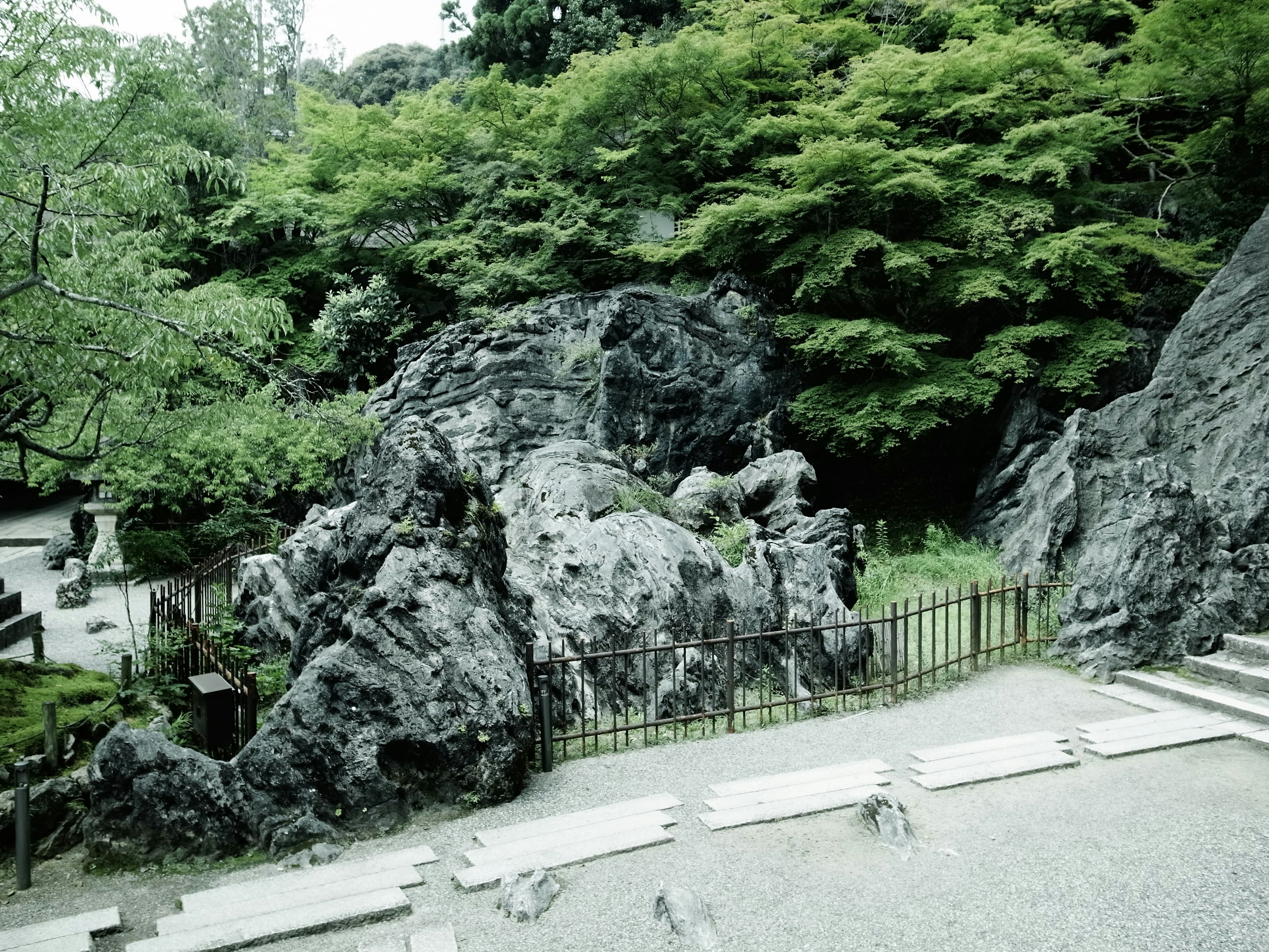 Paesaggio di giardino lussureggiante con grandi rocce e gradini in pietra