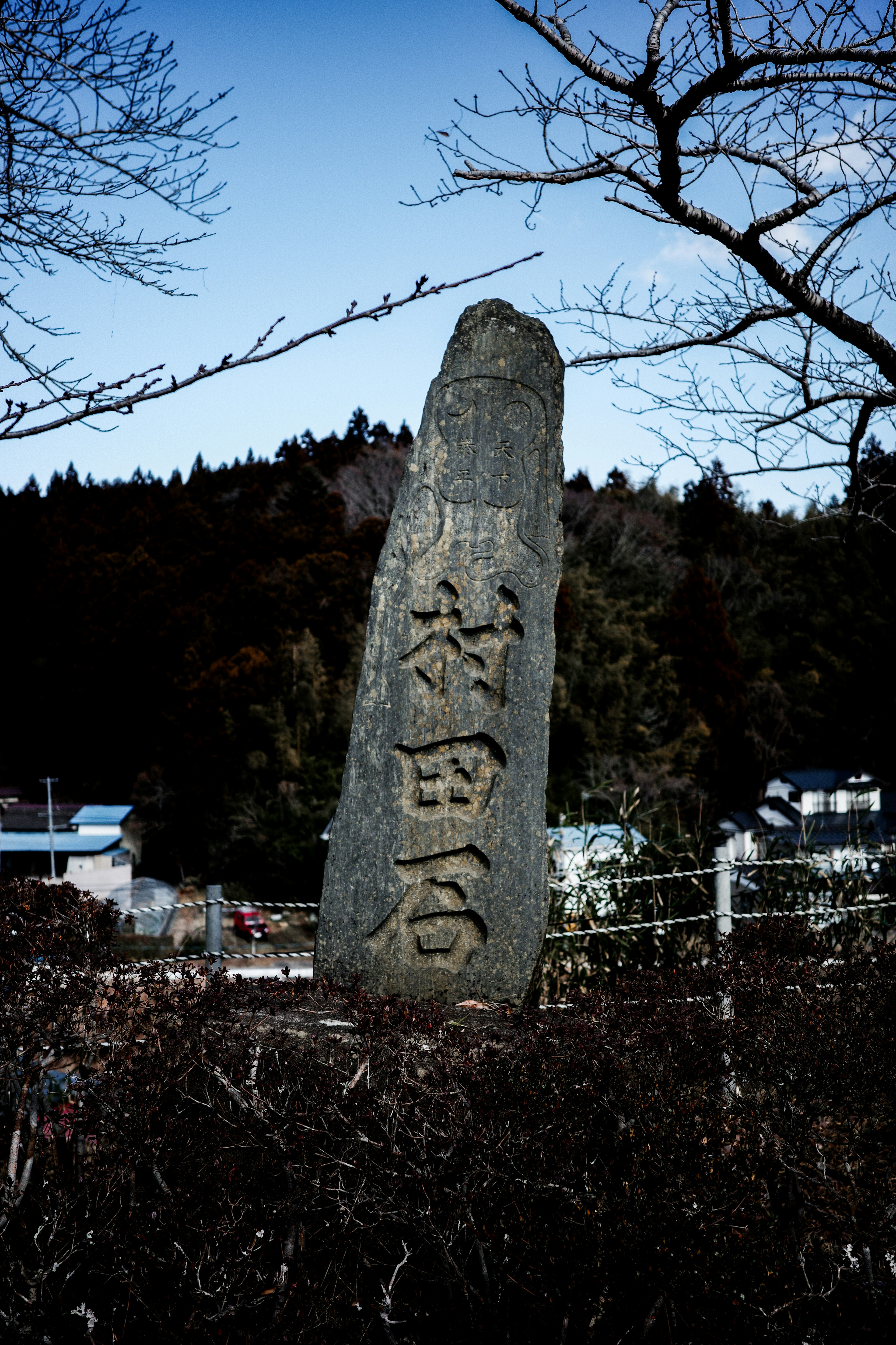 Stone monument with inscribed characters and surrounding landscape