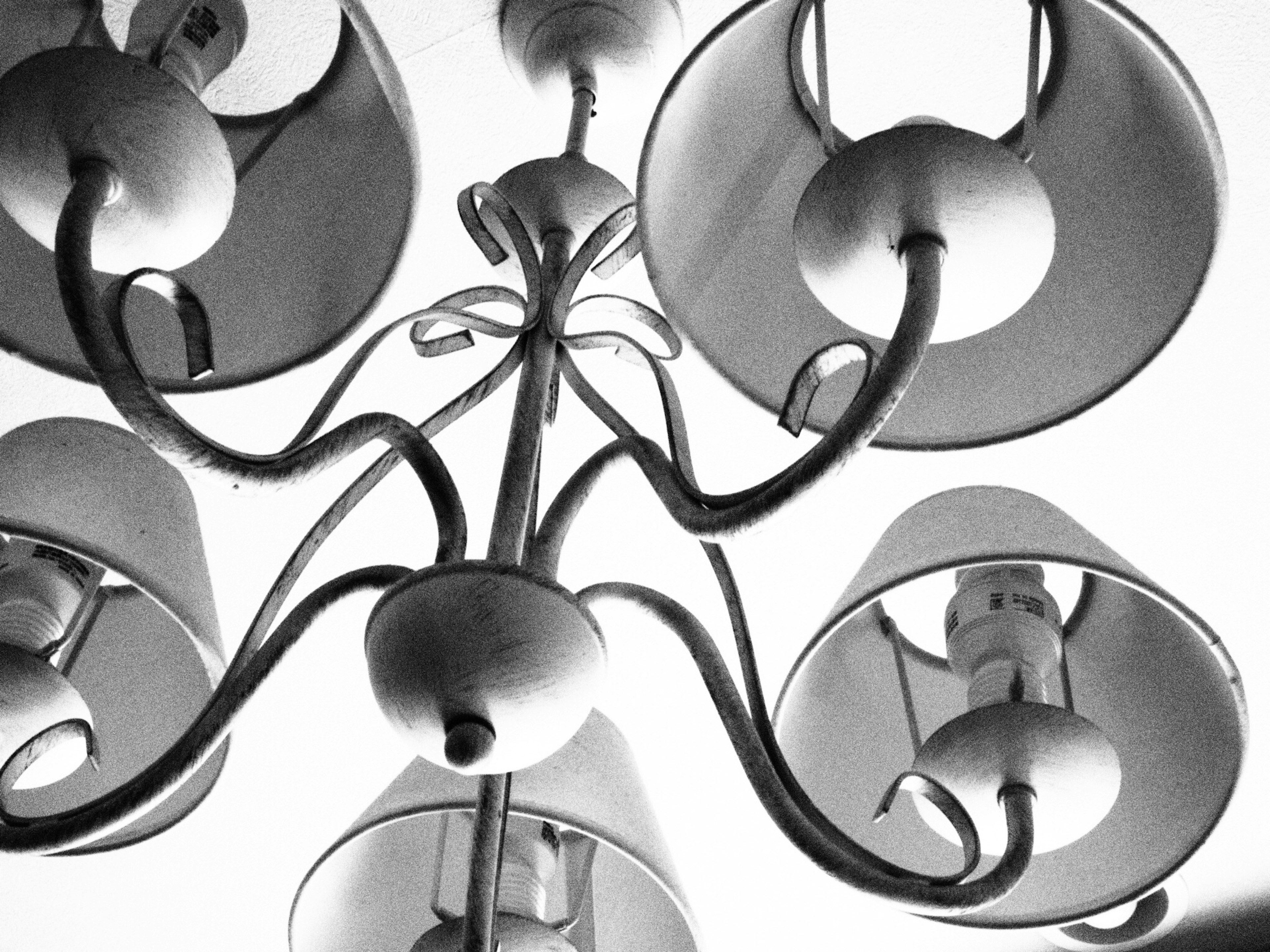 Chandelier noir et blanc vu par le dessous présentant plusieurs abat-jours