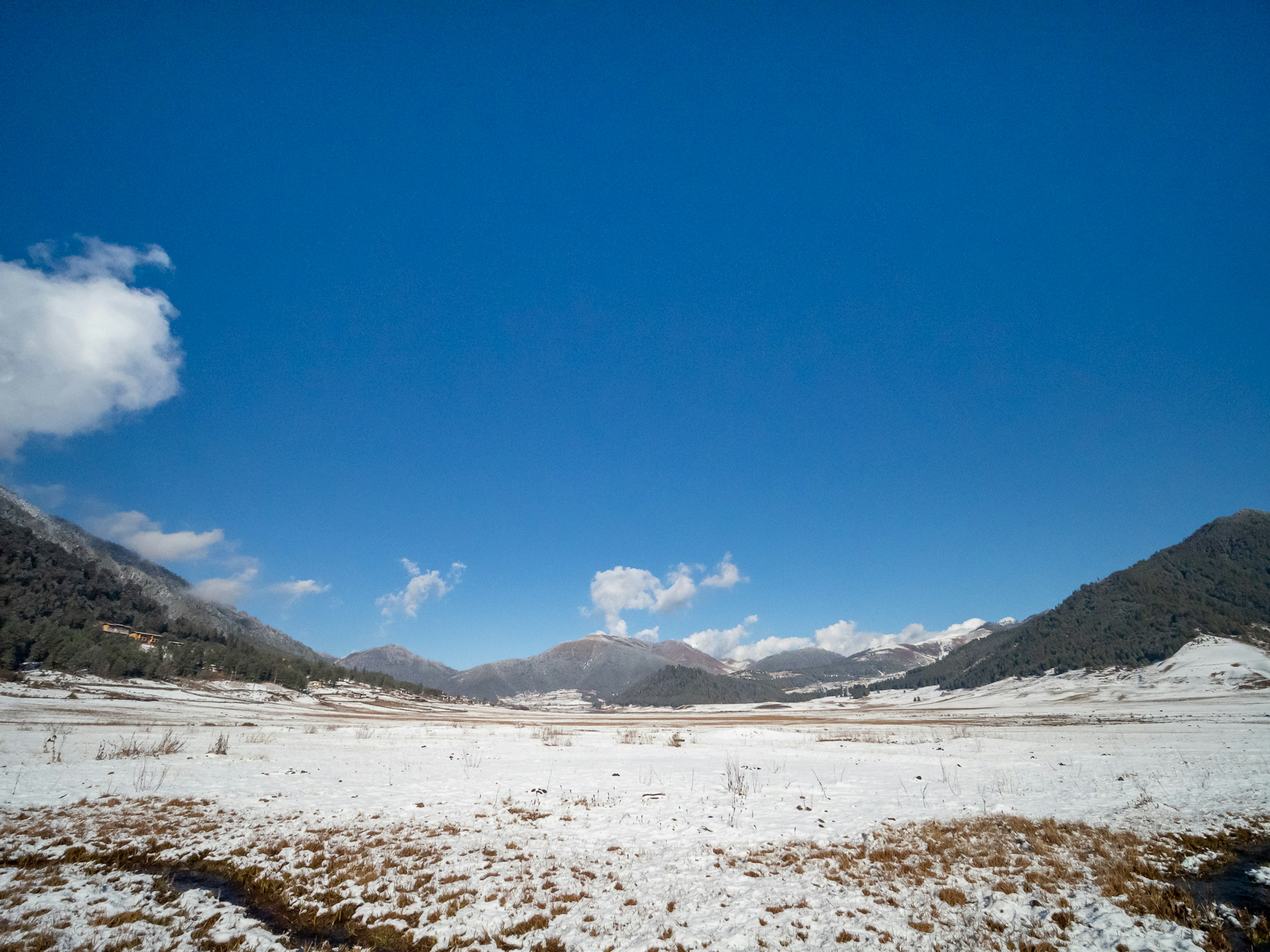 Amplio paisaje con cielo azul y montañas cubiertas de nieve