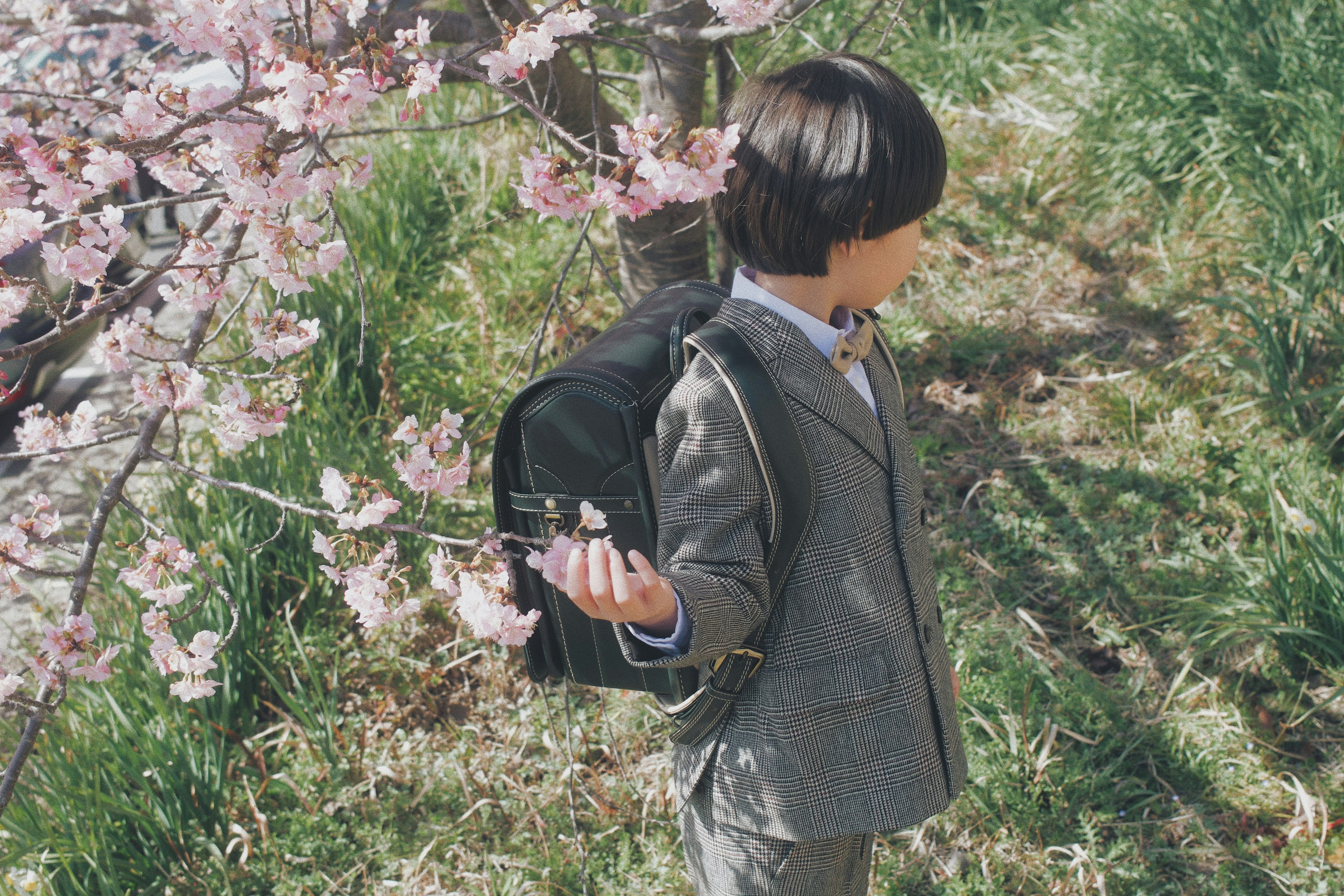 Ein Junge im Anzug hält eine Kamera und steht unter einem Kirschbaum mit einem Rucksack