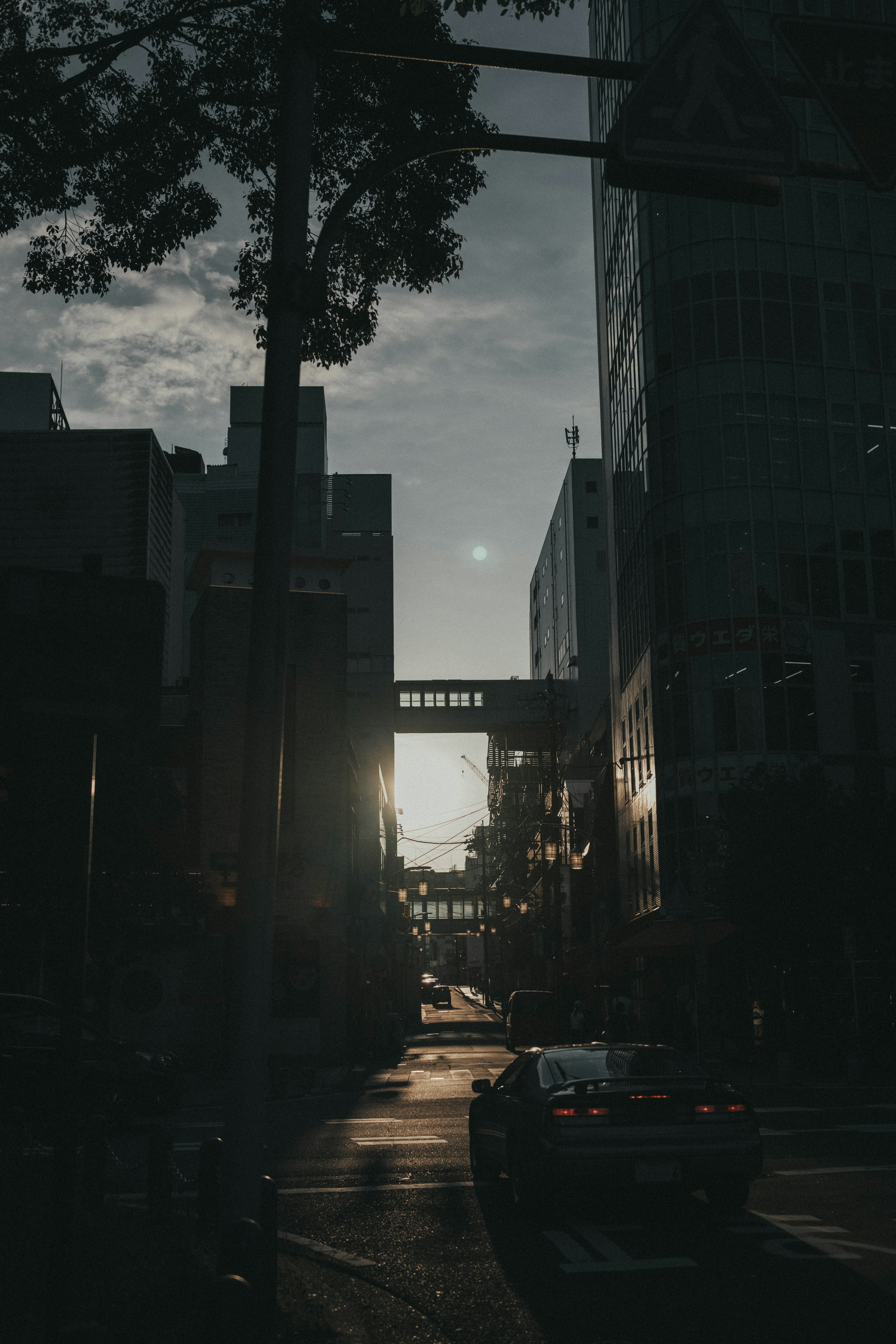 Urban sunset with sunlight streaming through buildings and a street scene