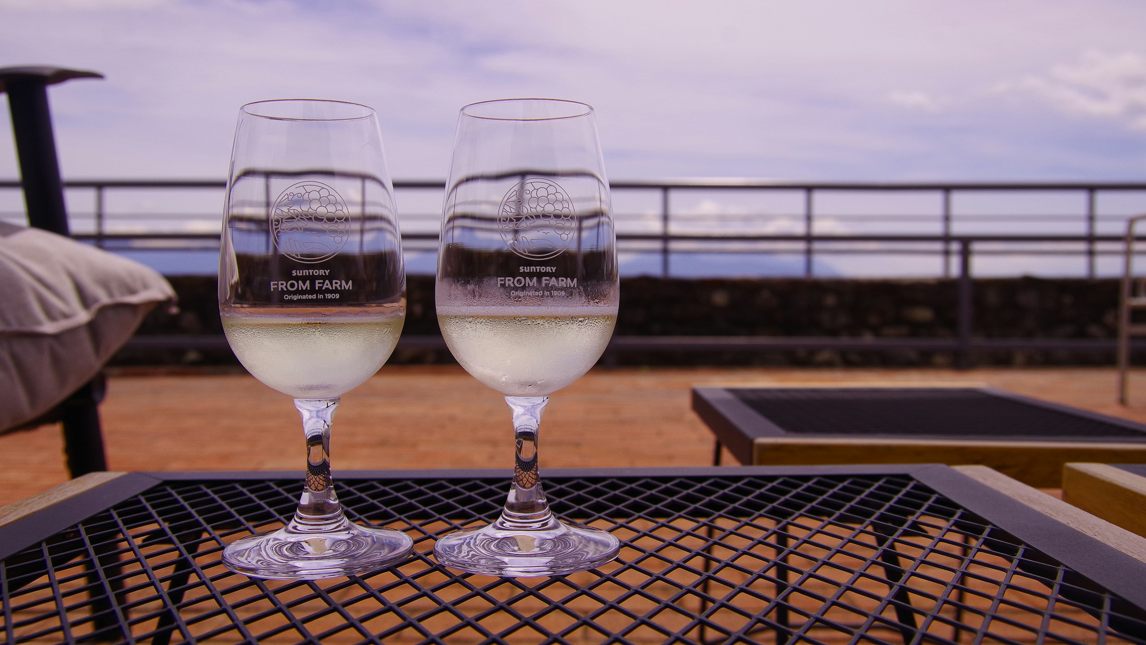 Dos copas de vino blanco sobre una mesa con un fondo pintoresco