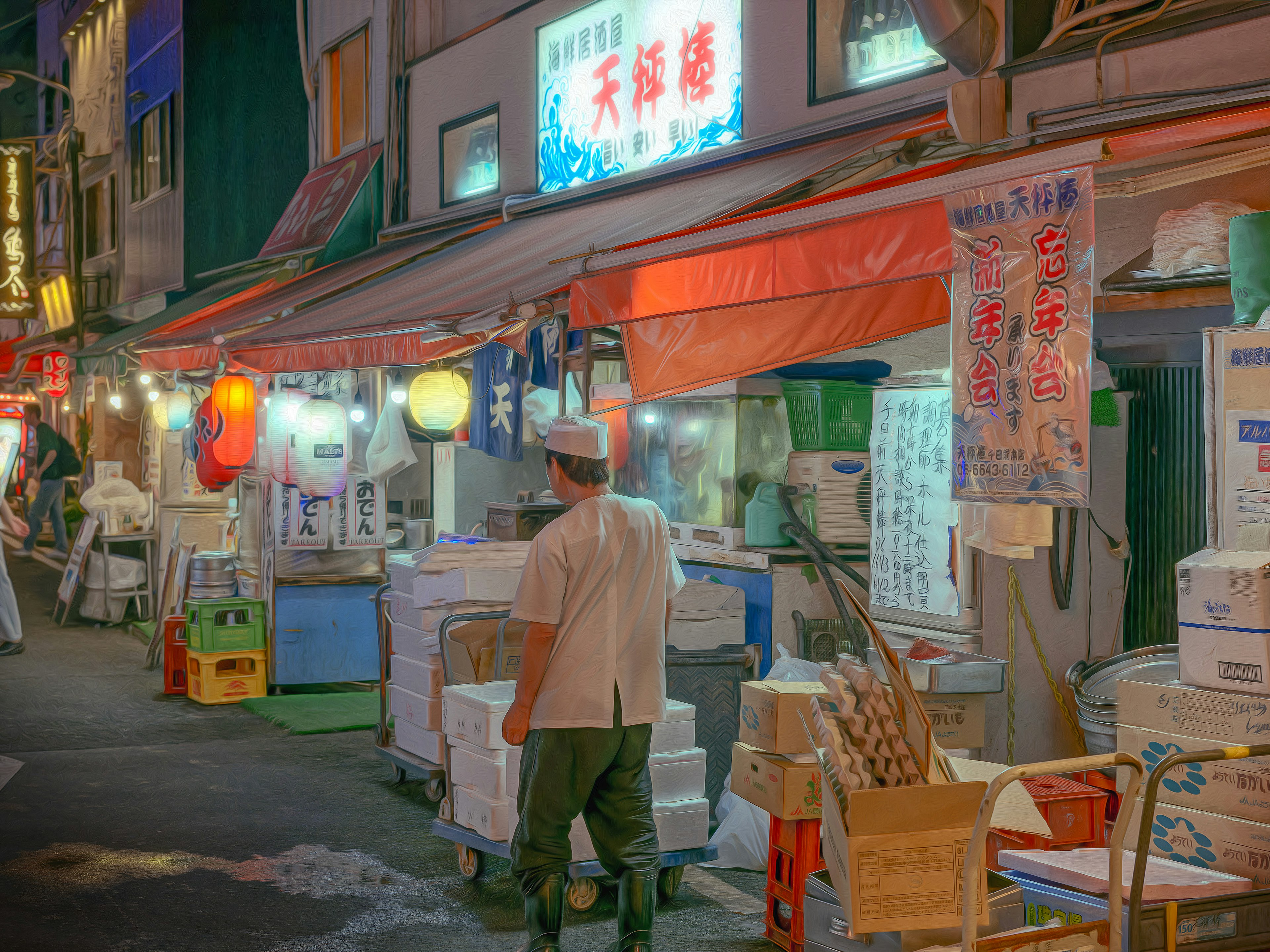 A person working at a night market surrounded by colorful lanterns