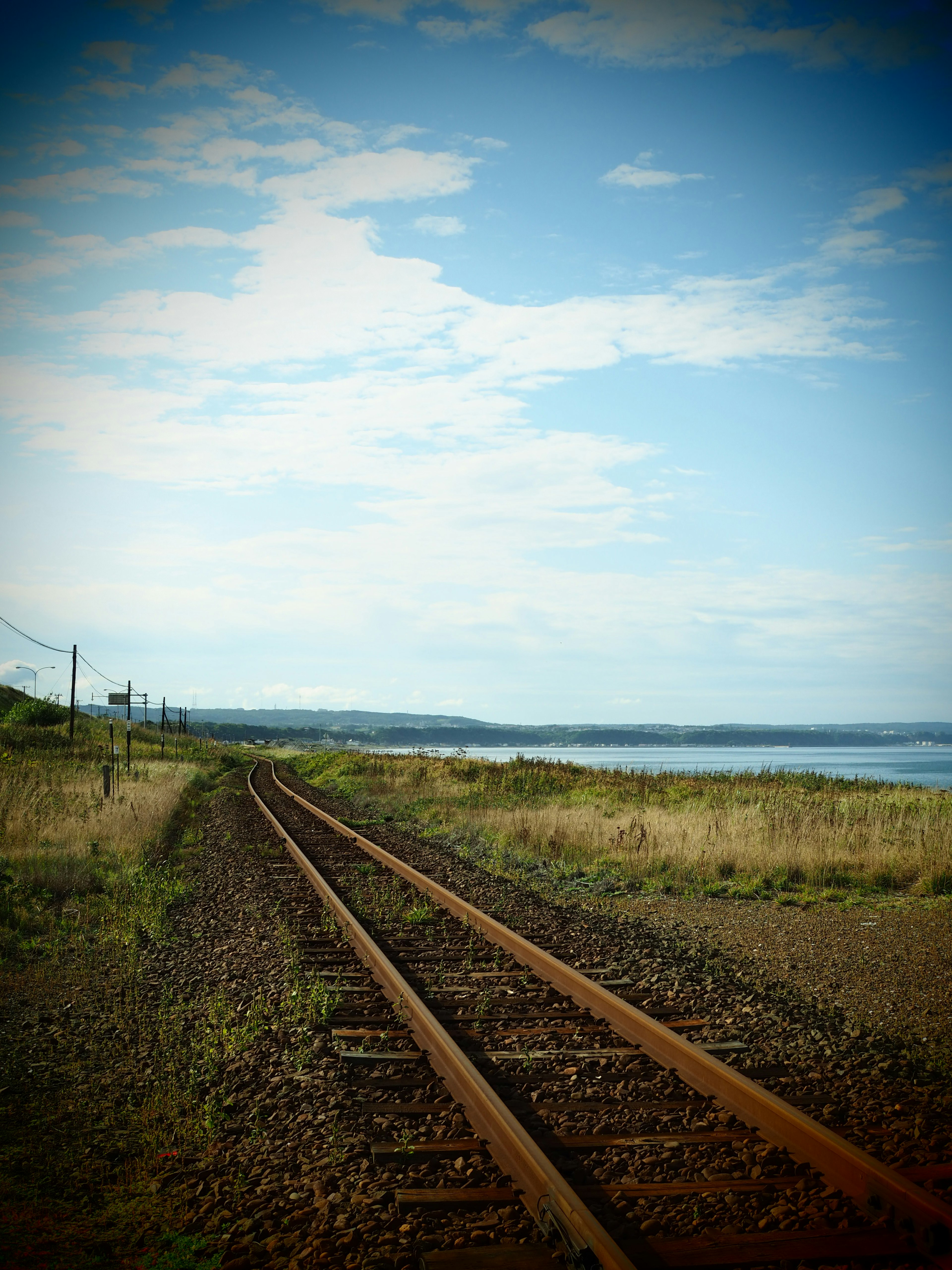 Eisenbahnschienen, die zum Horizont unter einem blauen Himmel mit verstreuten Wolken führen