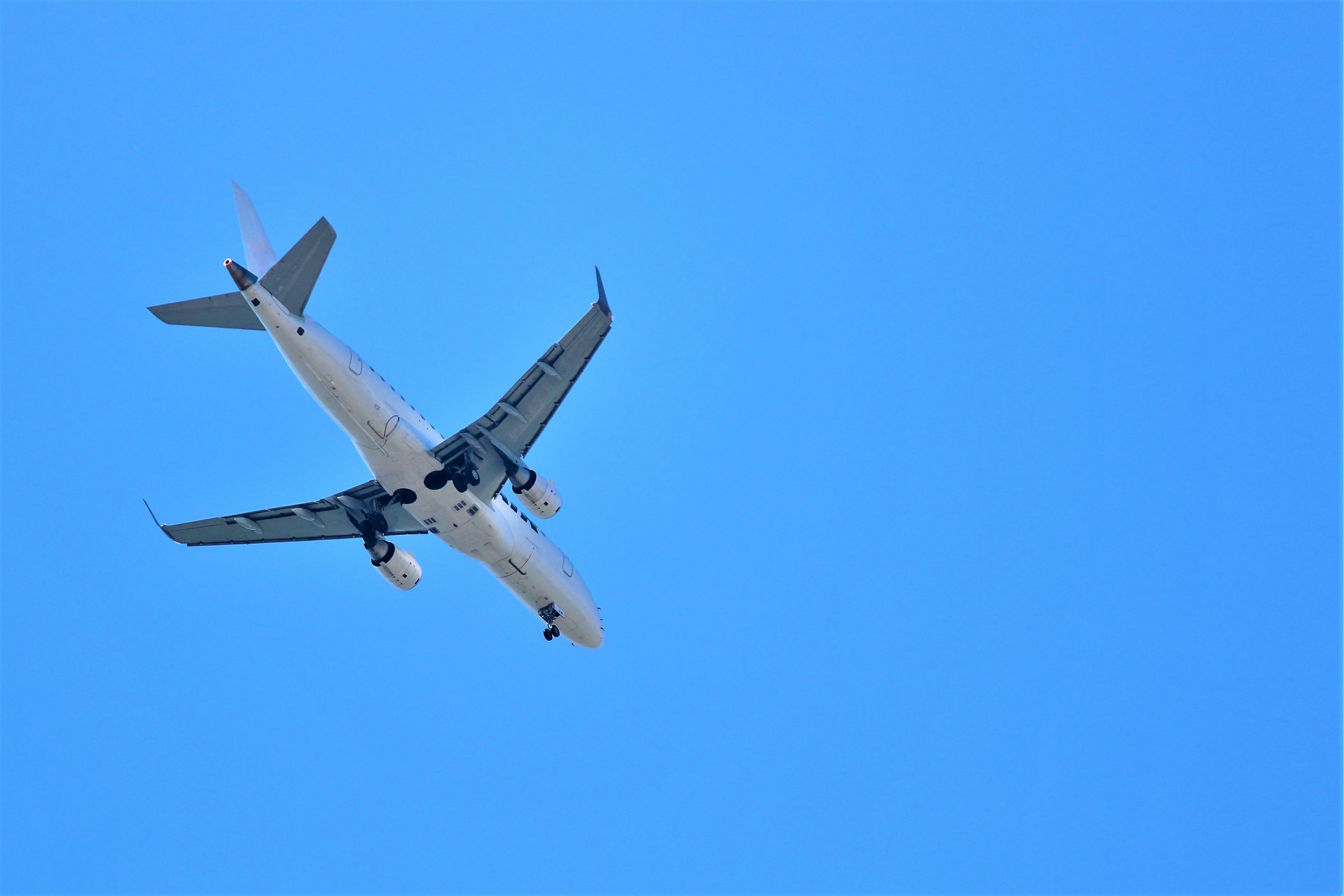 Aereo di linea che vola in un cielo blu chiaro visto dal basso