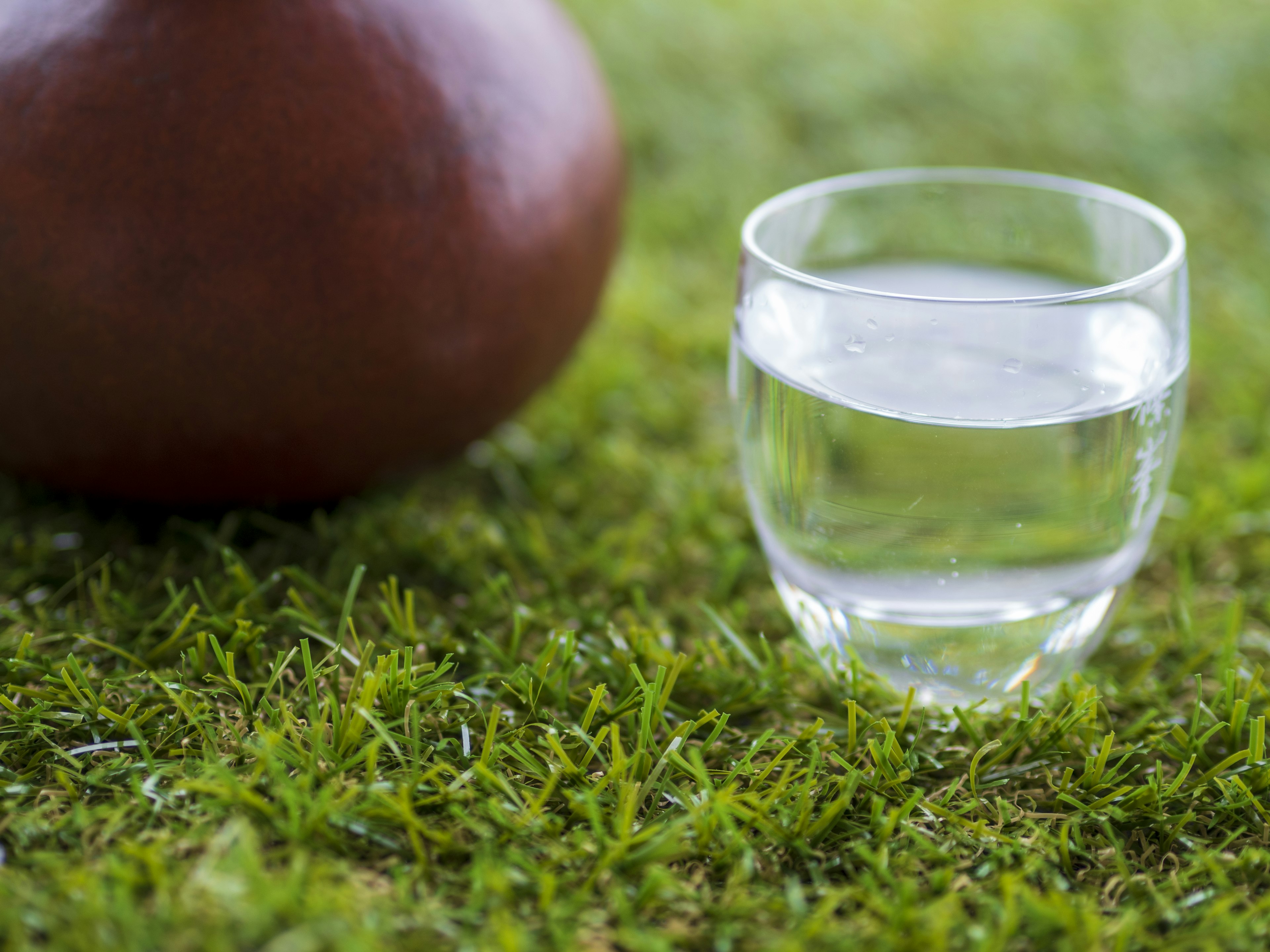 A clear glass of water placed on green grass alongside a brown pot