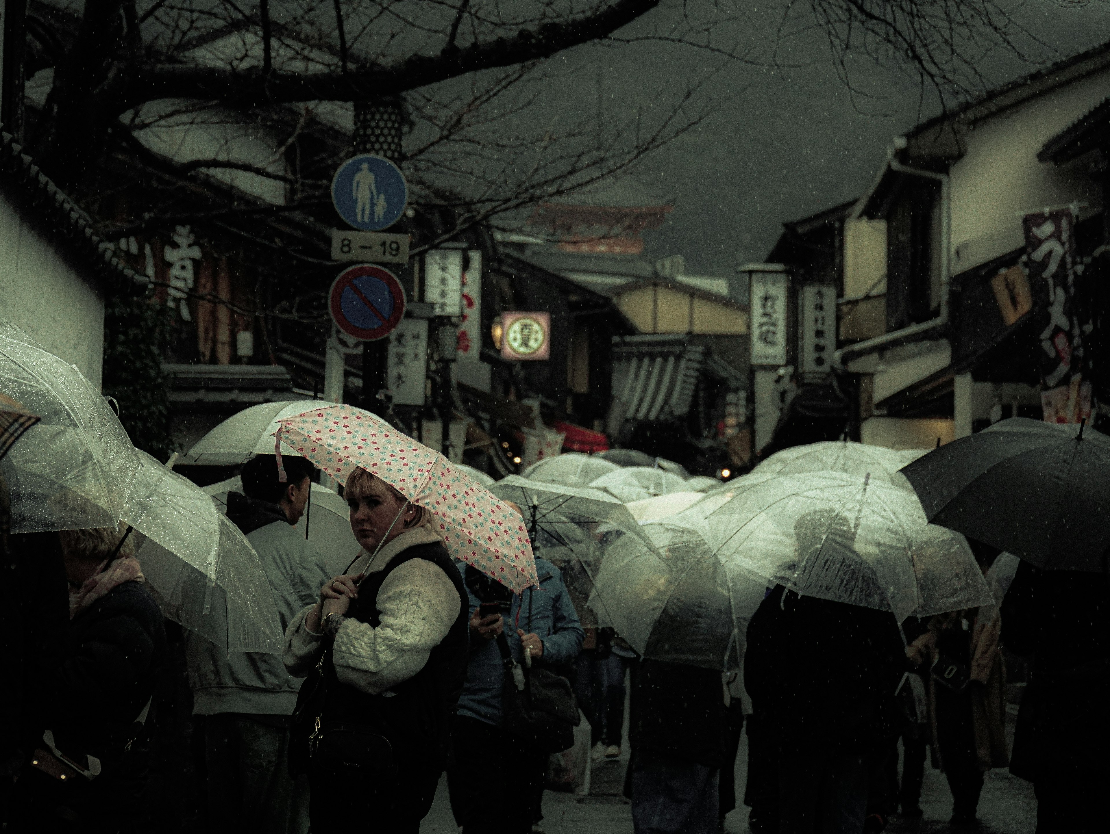 Crowd of people walking with umbrellas in a Japanese street scene