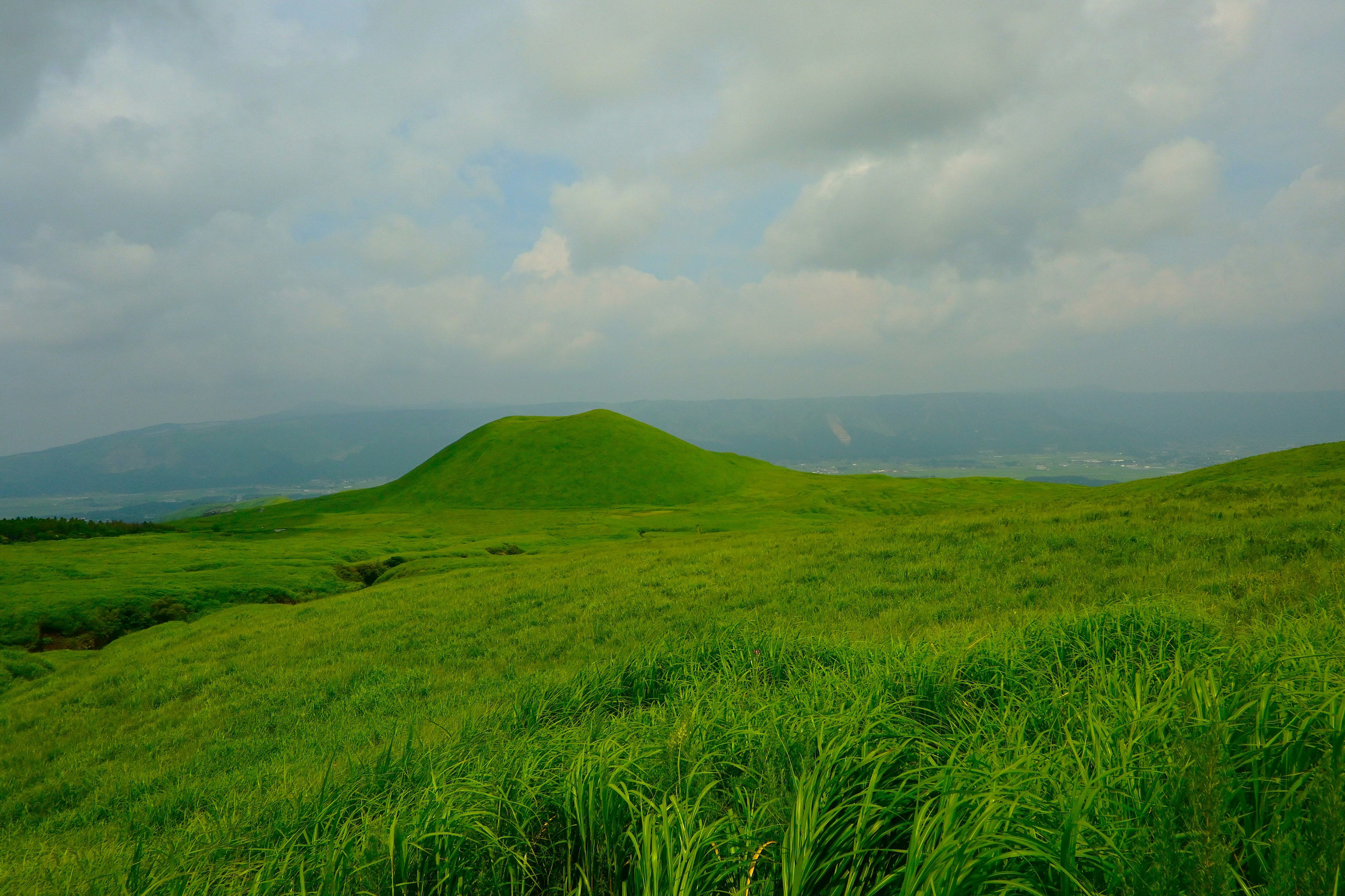 Bukit hijau subur dan padang rumput di bawah langit biru