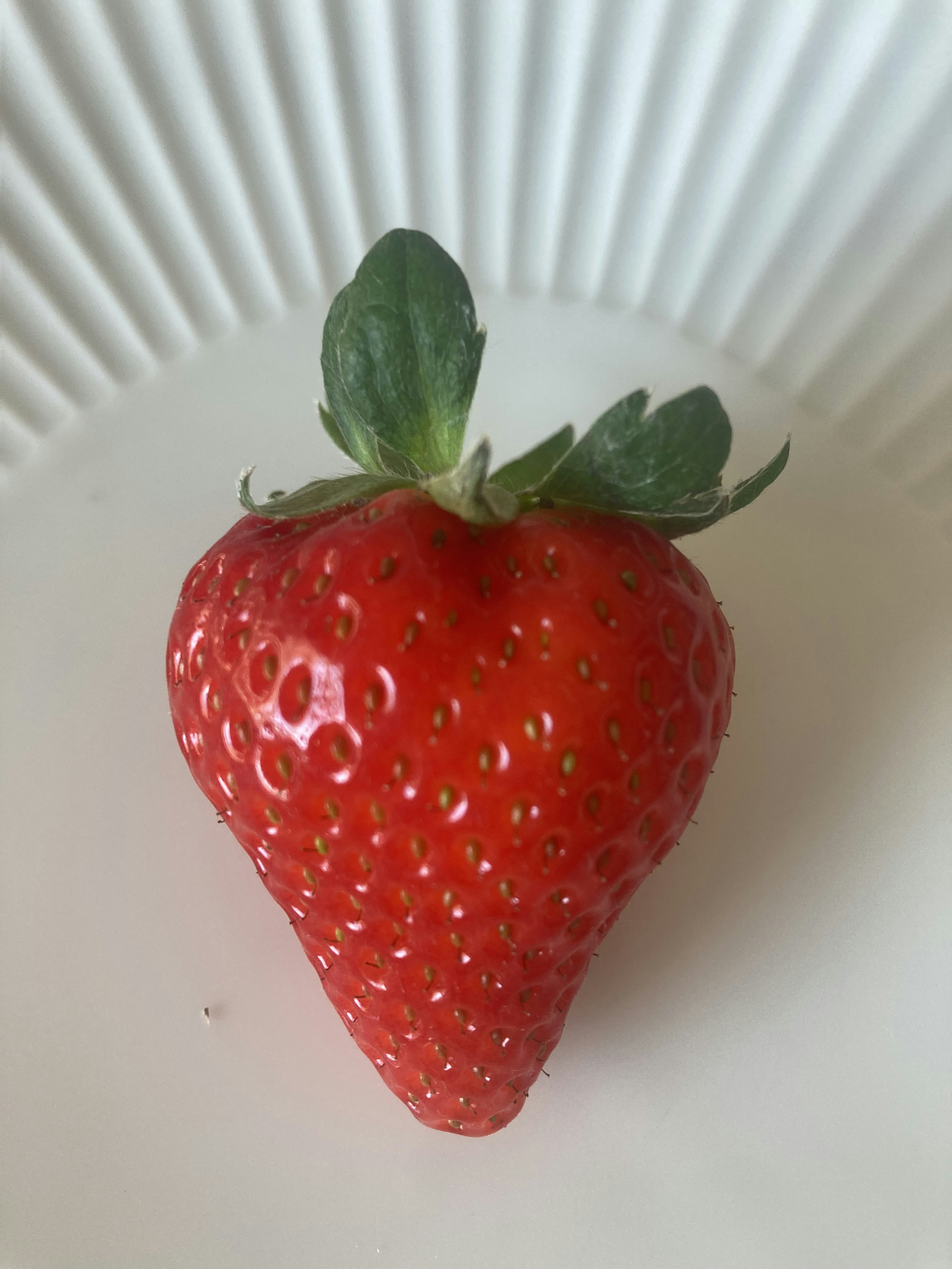 A vibrant red strawberry placed on a white plate