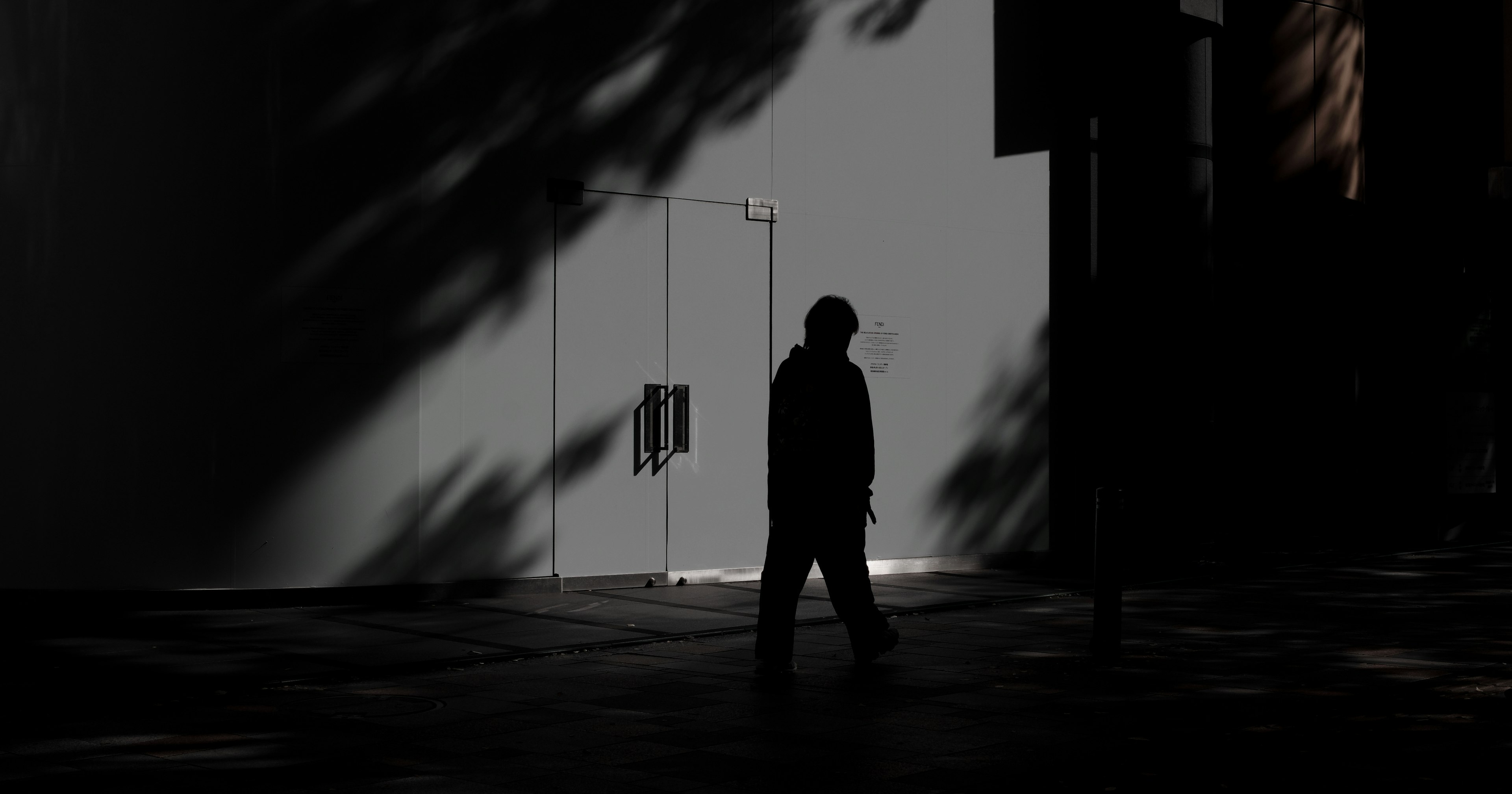 Silhouette of a person standing against a bright wall with shadows