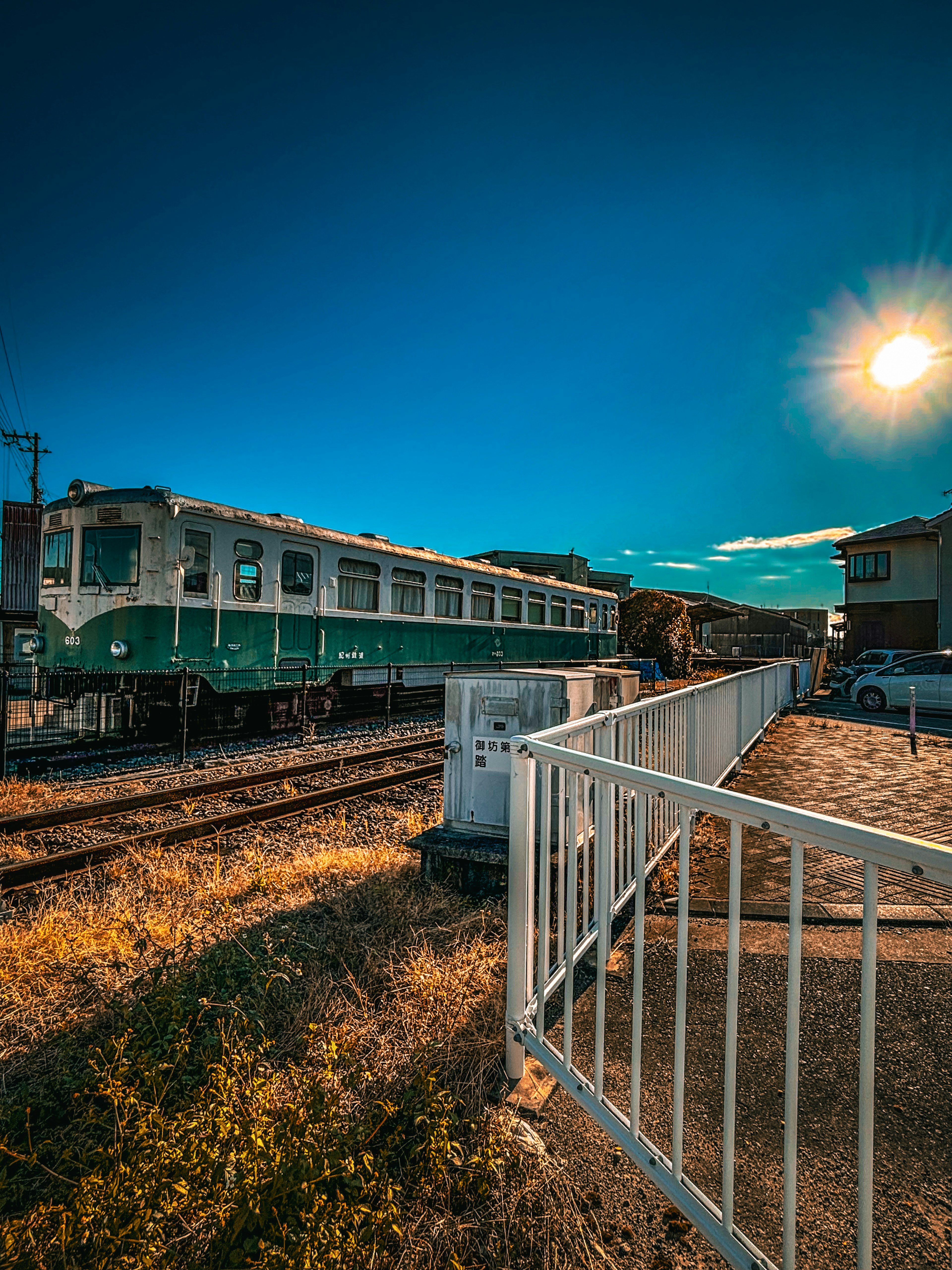 Green and white train stopped under a blue sky with surrounding scenery