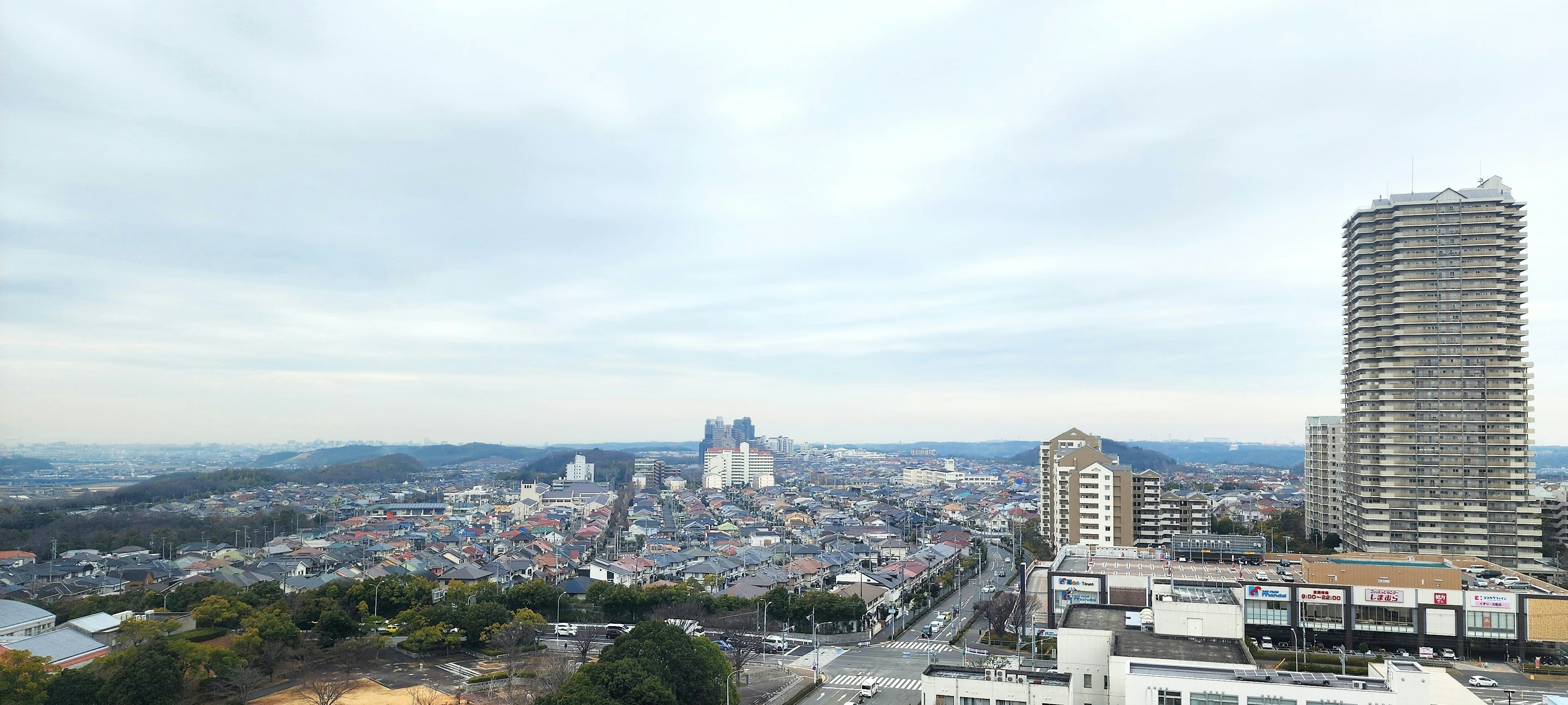 Panoramic city view featuring skyscrapers and a cloudy sky