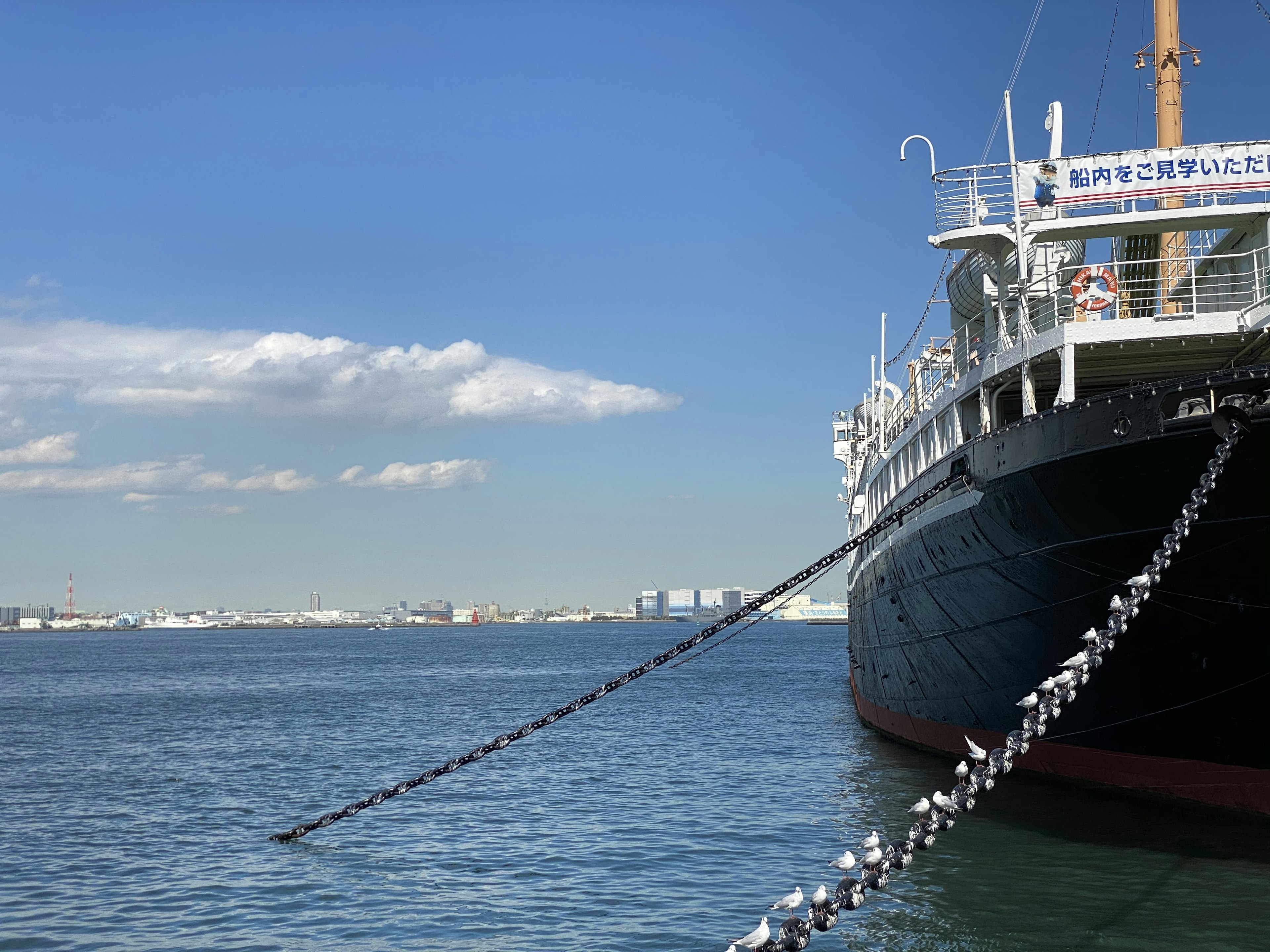 Grande nave ormeggiata nell'acqua sotto un cielo blu chiaro