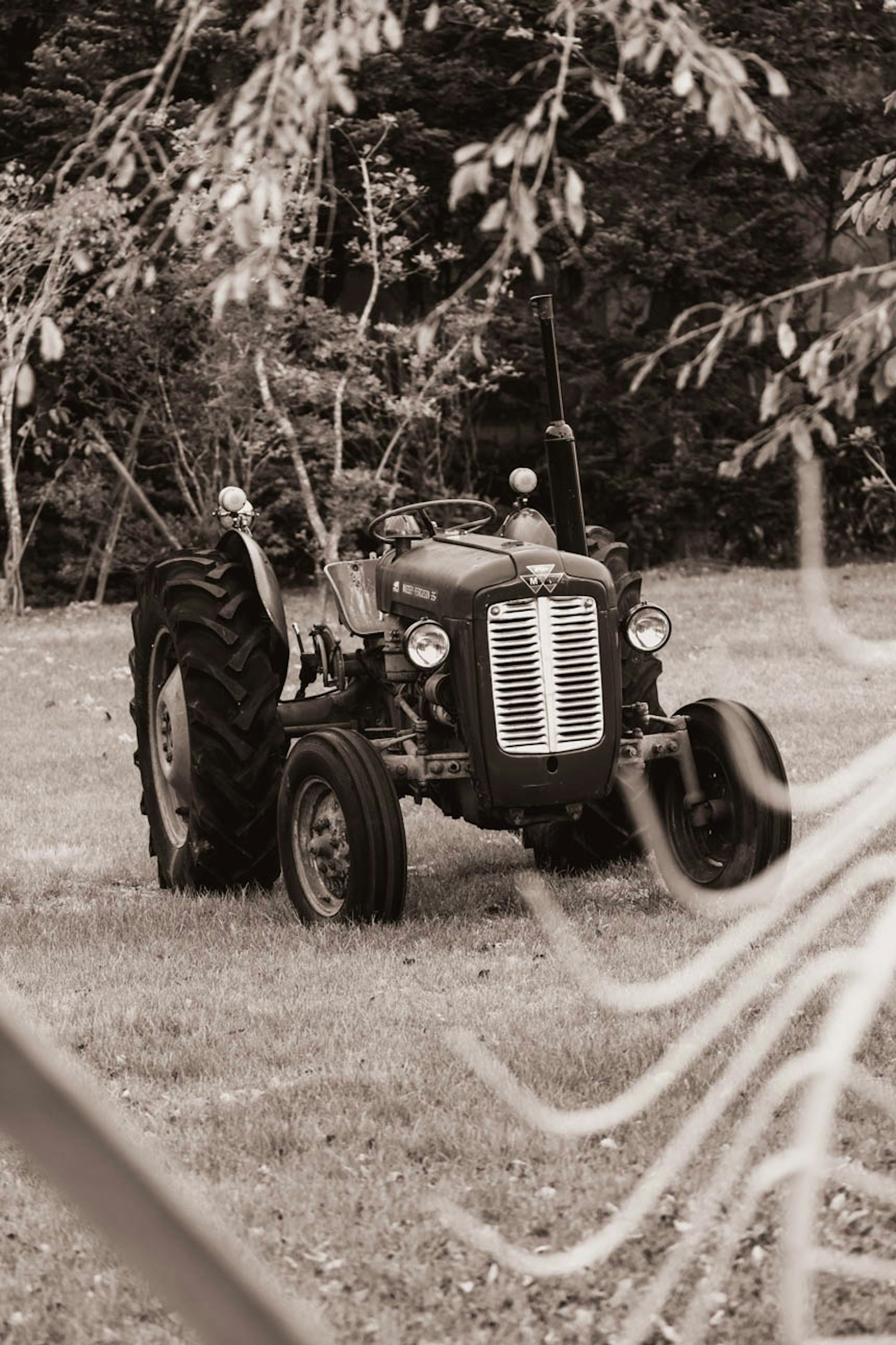 An old tractor parked on green grass