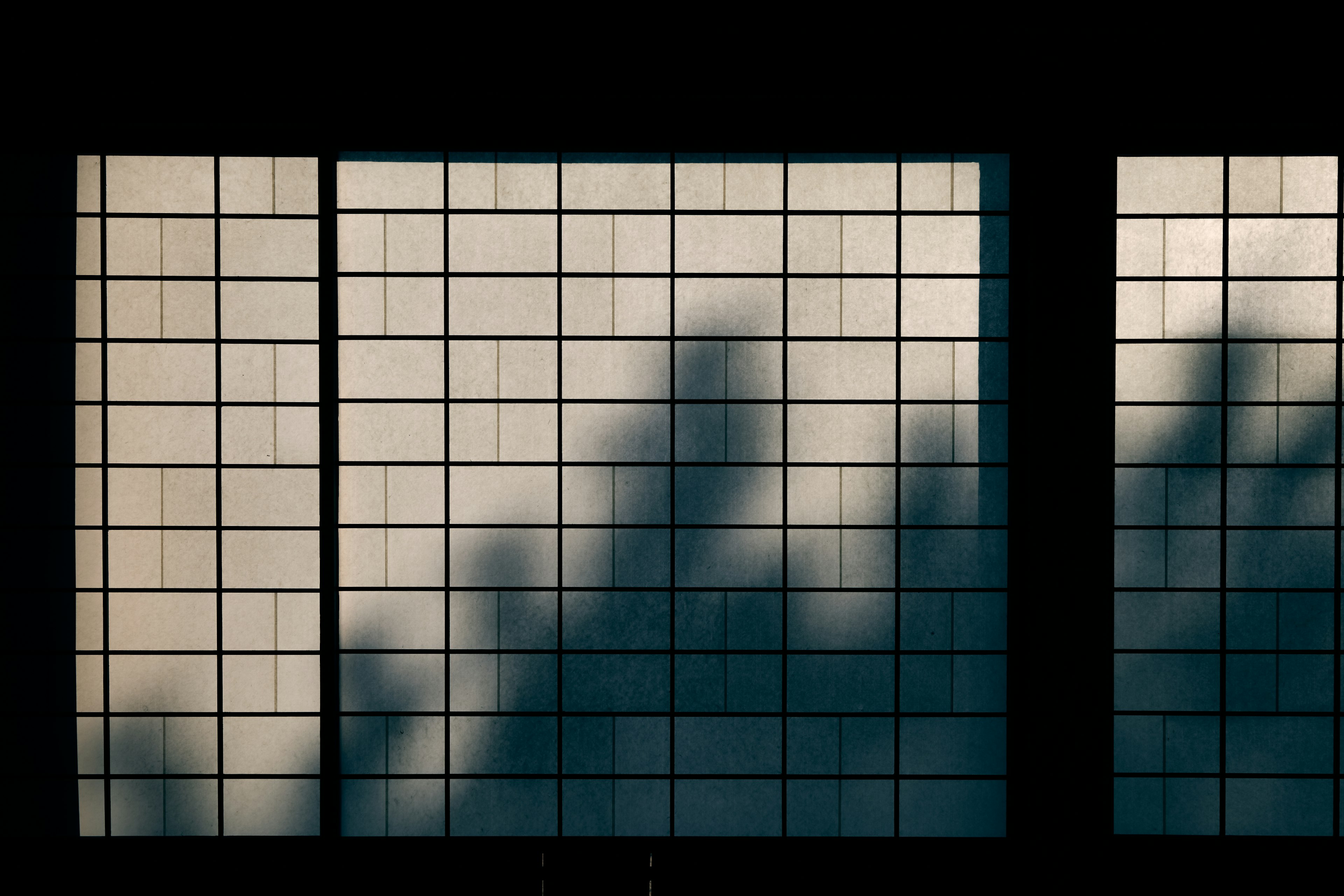 Silhouette of a window with grid pattern and shadows