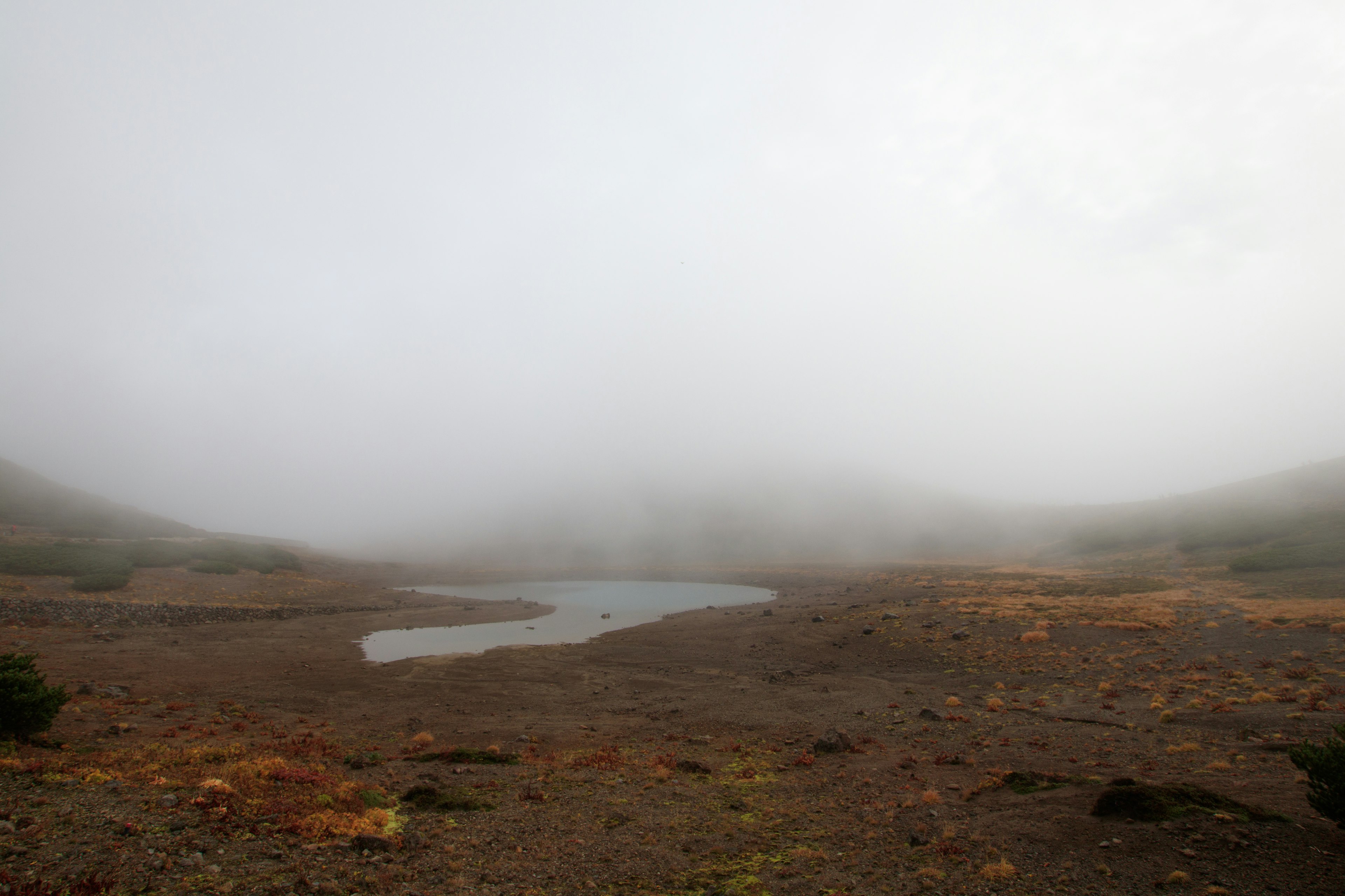 Foggy landscape with a small pond and barren ground