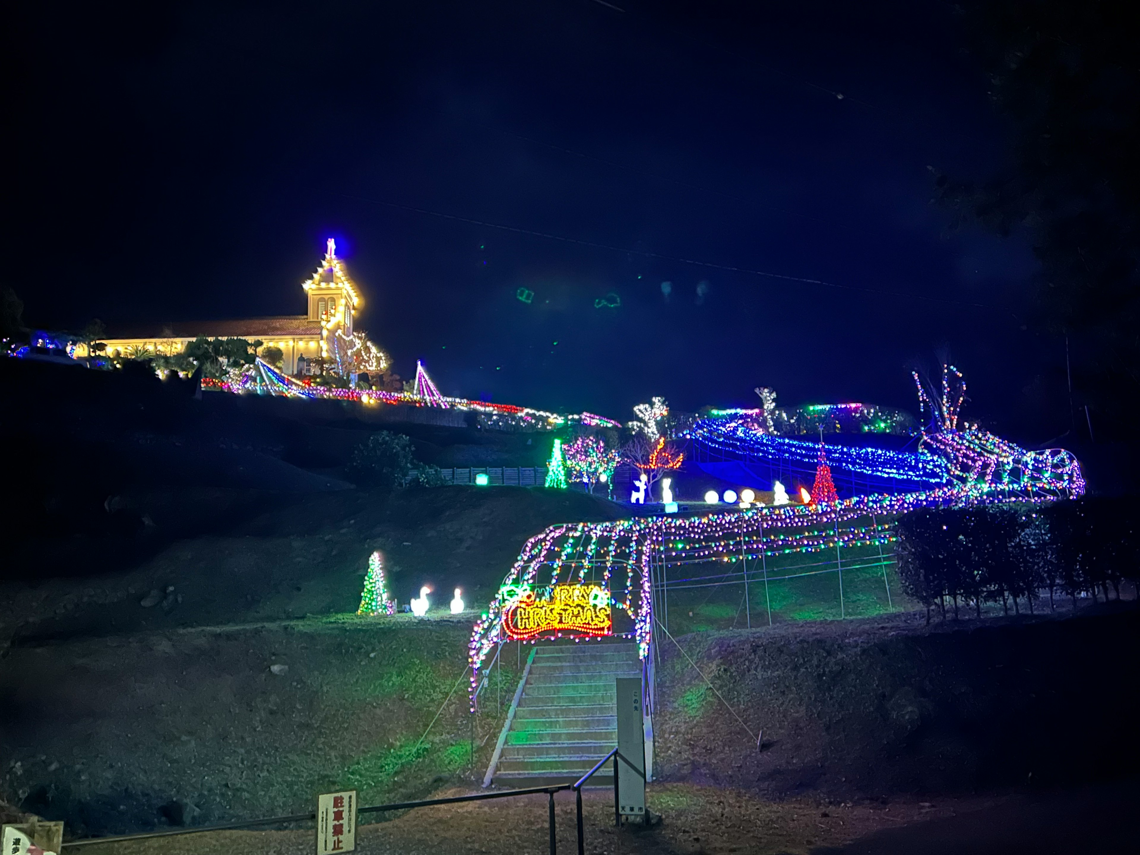 Una escena de parque adornada con luces coloridas por la noche que muestra varias decoraciones