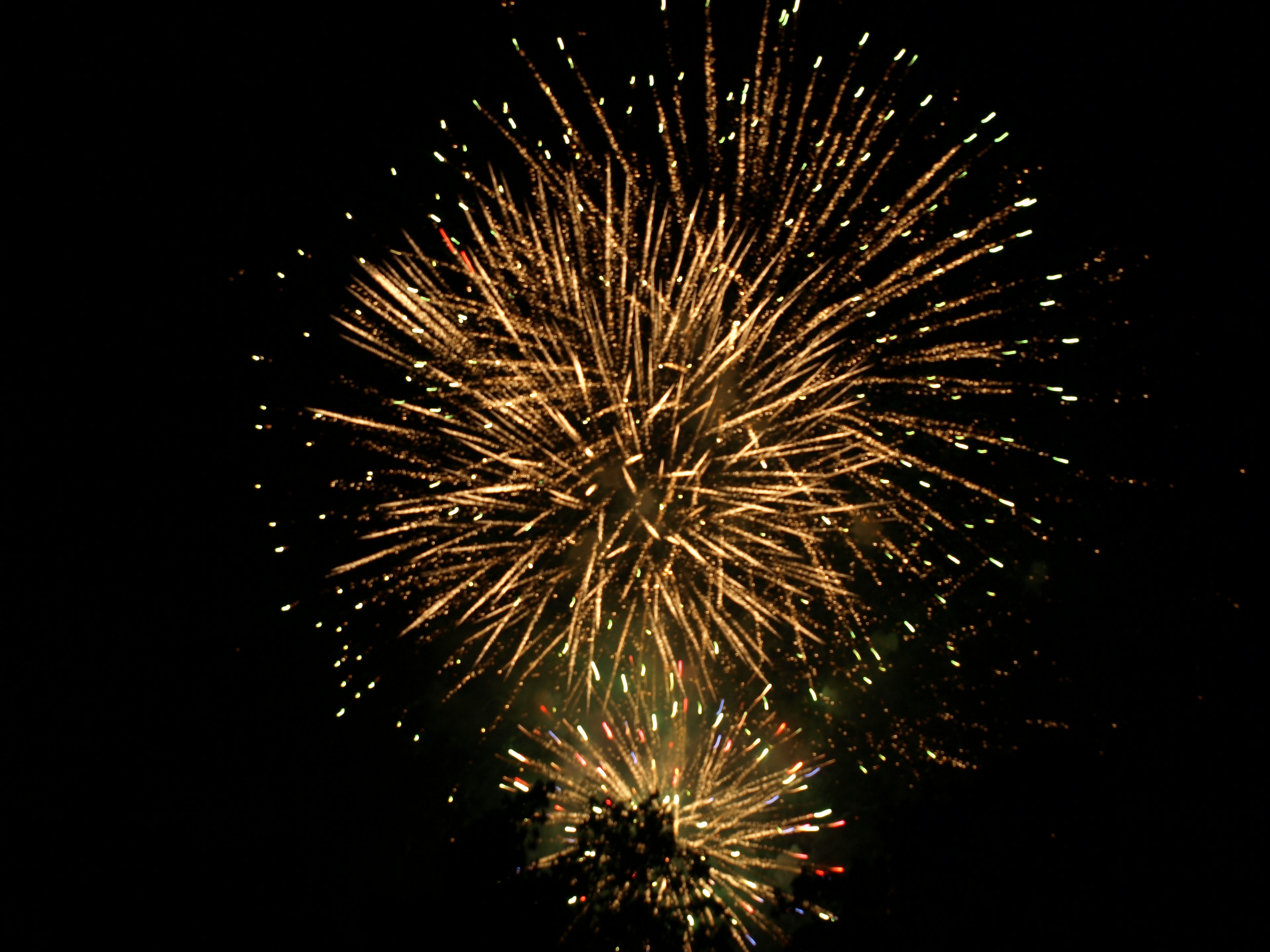 Golden fireworks display lighting up the night sky