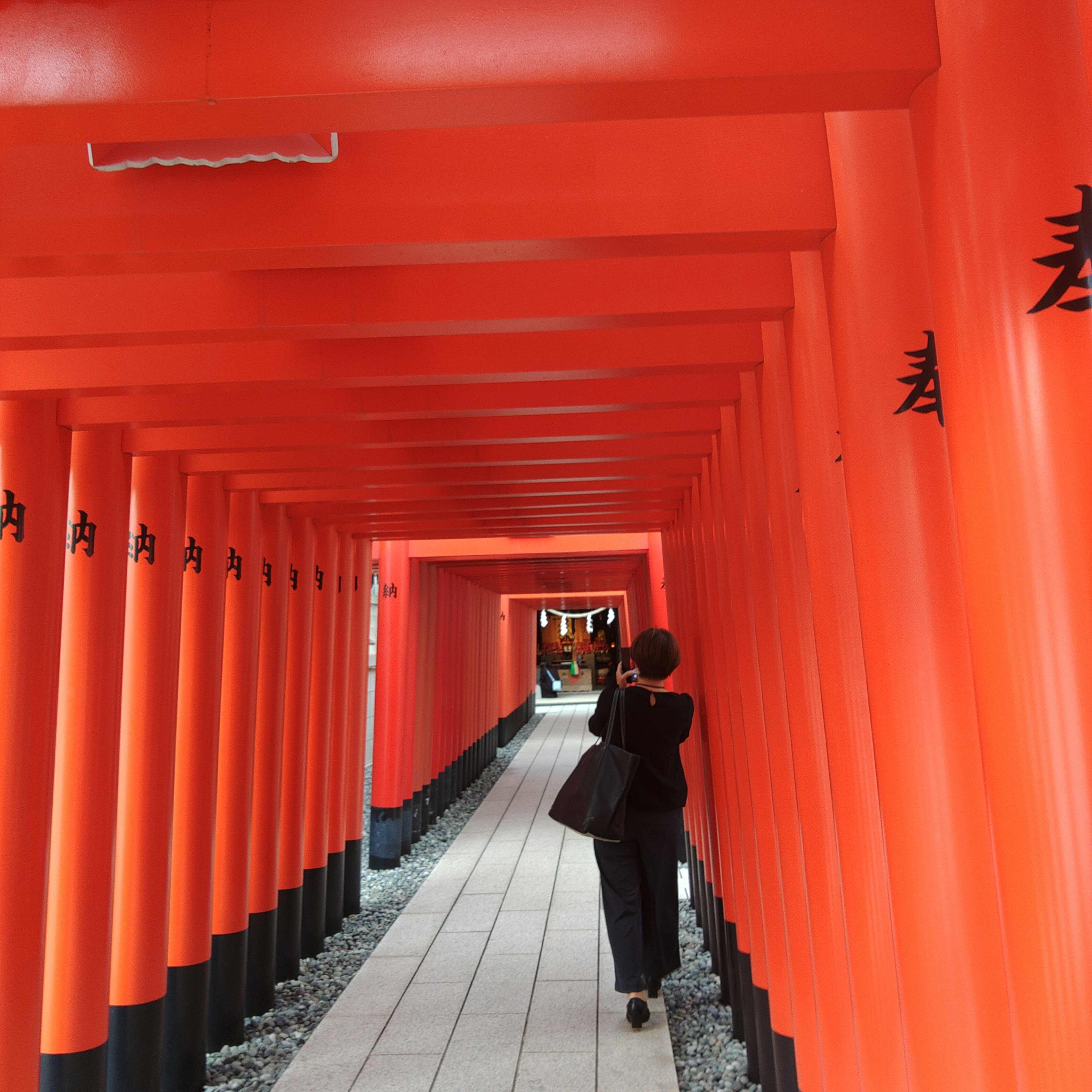 Una persona caminando a través de un túnel de puertas torii rojas